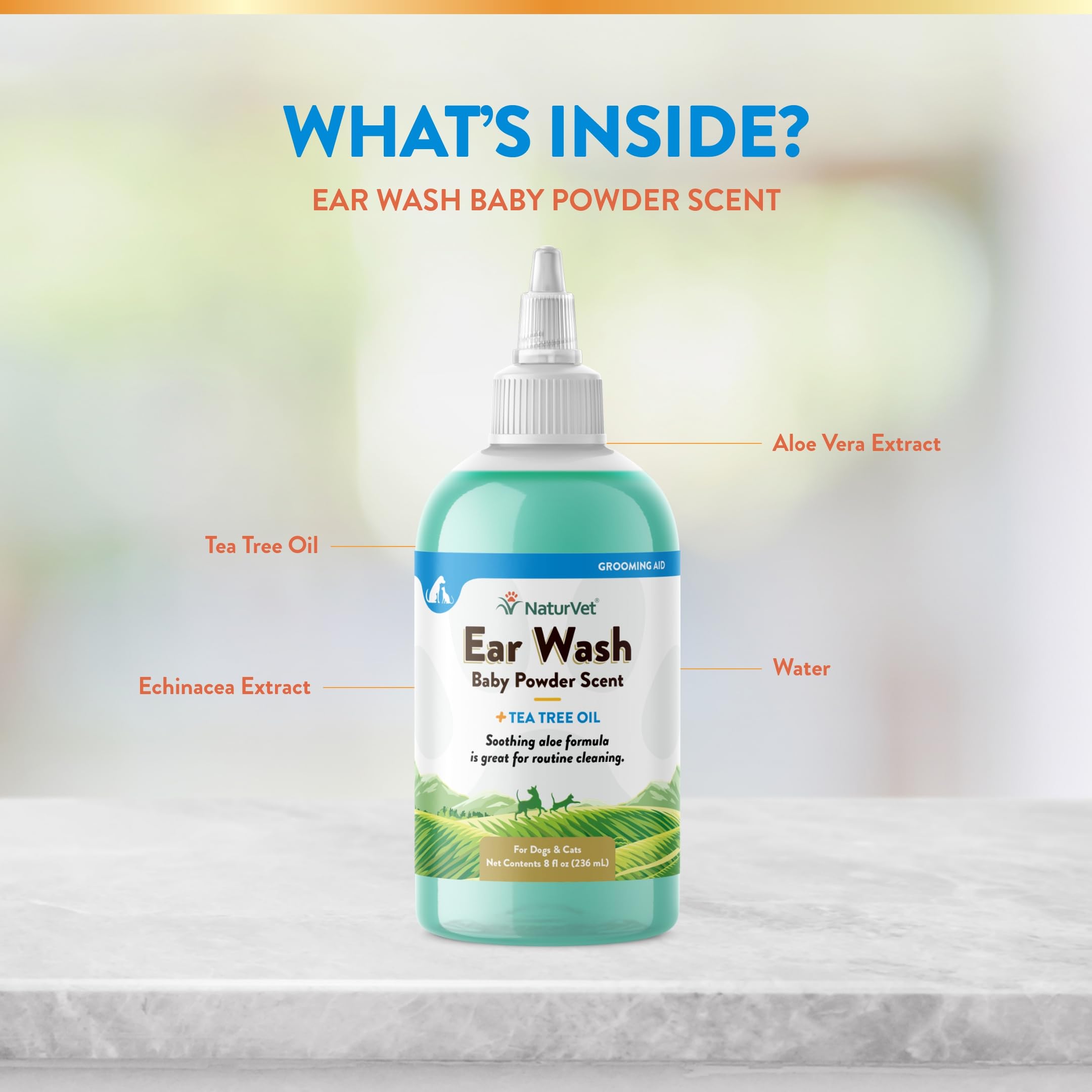 NaturVet Ear Wash with Tea Tree Oil, Aloe & Baby Powder Scent - 8 oz Dog Ear Cleaner Solution for Itchy Ears, Infections & Odor Control - Gentle Pet Ear Care for Dogs & Cats