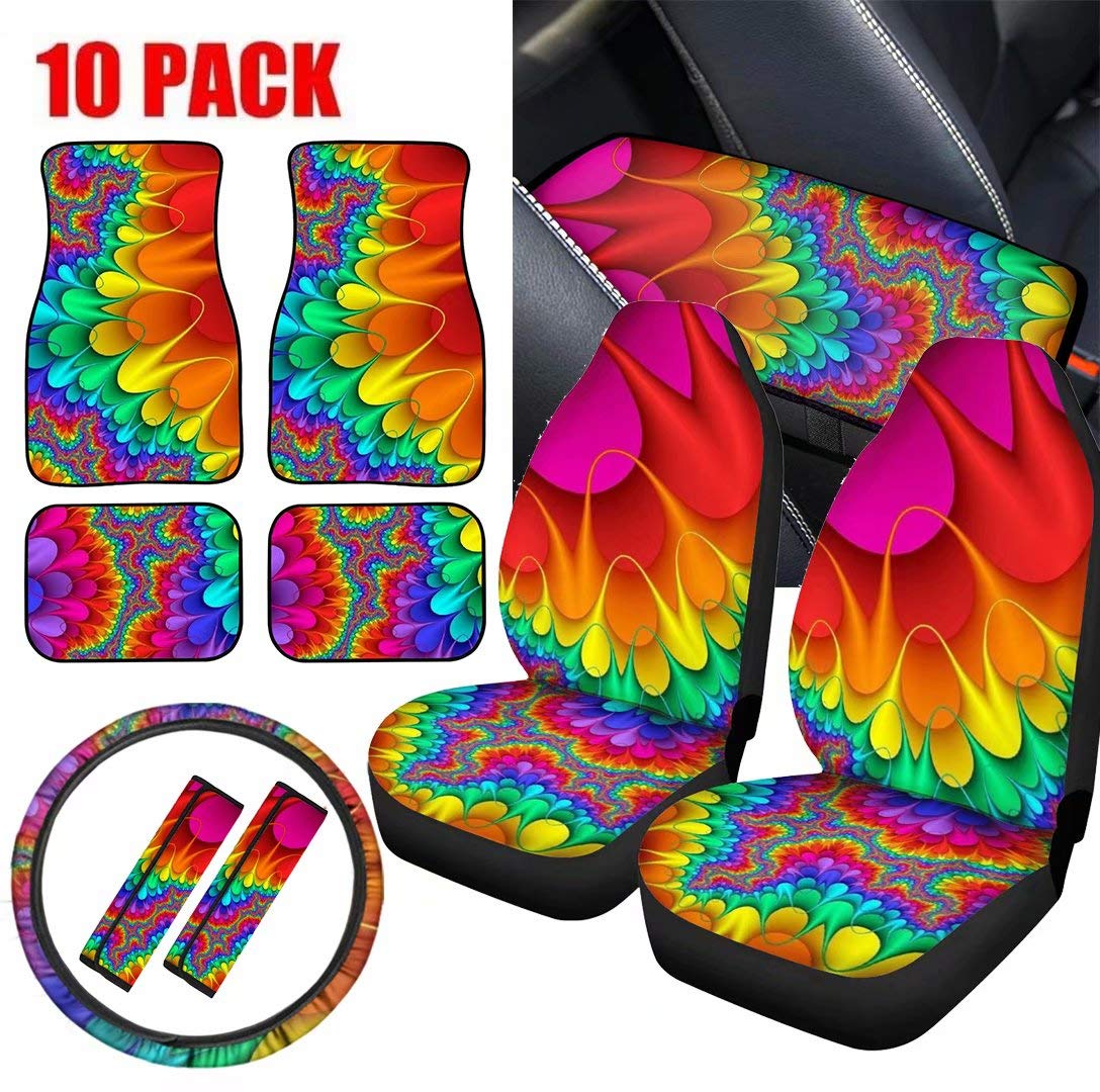 Rainbow Tie Dye Car Accessories Set - 10 Pcs for Women (Steering Cover+Seat Covers) - Perfect for Car Decor & Gifts