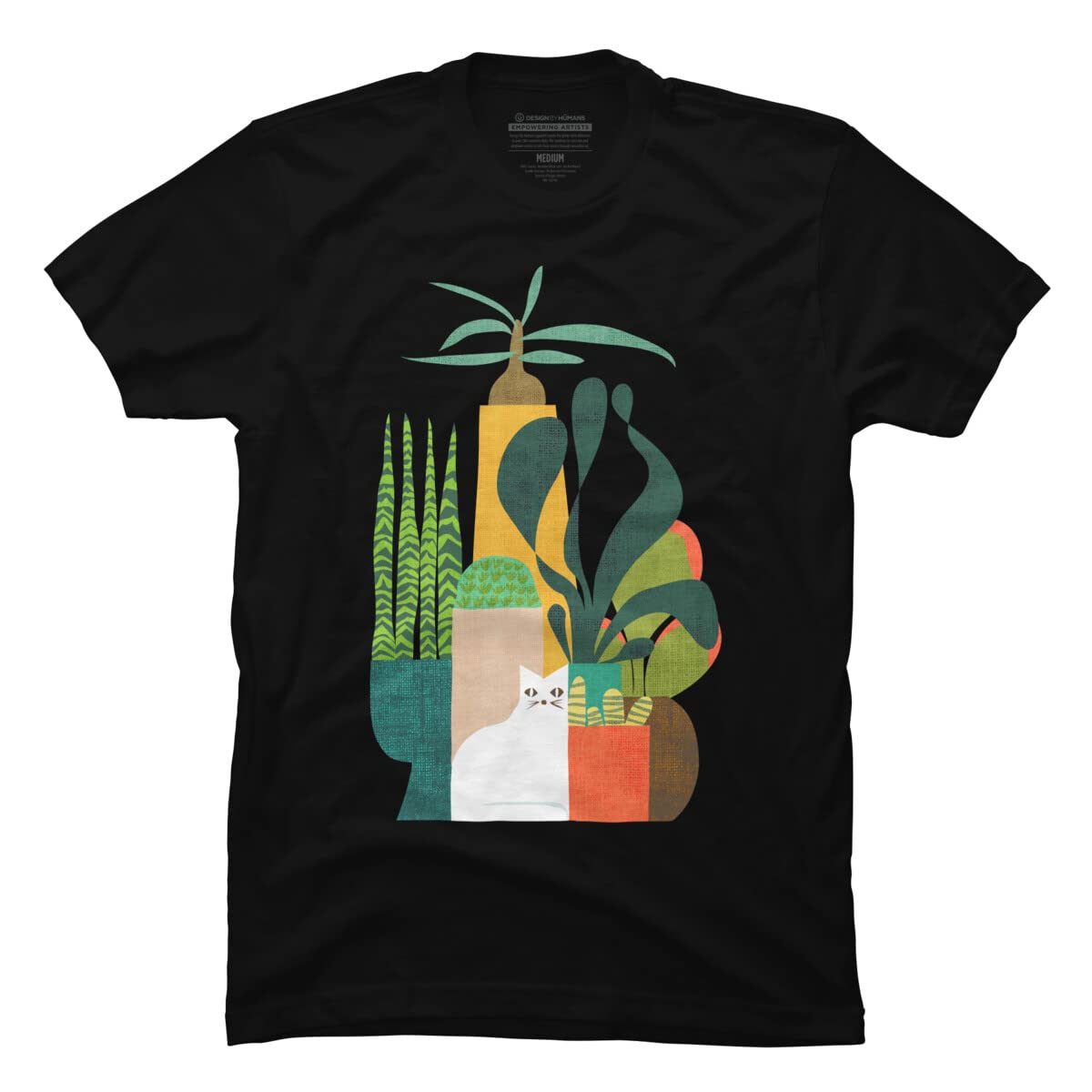 Design By Humans Men's Cat and Plants Graphic T-Shirt - Soft Cotton Tee for Casual Wear, Street Style & Cat Lovers