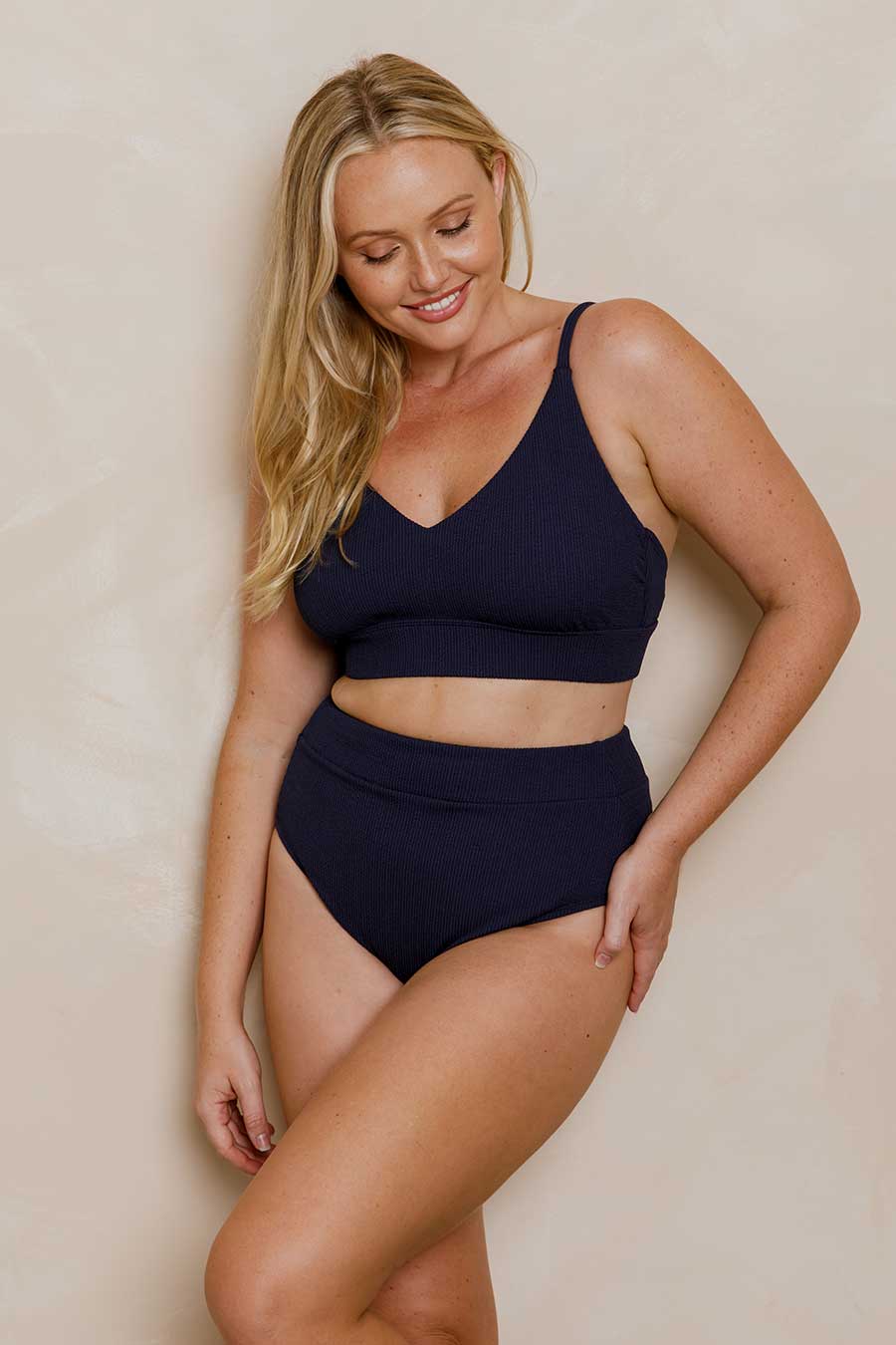 Byron High Waisted Bikini Bottom - Navy Textured Swimwear for Women | Perfect for Beach, Pool & Summer Vacations