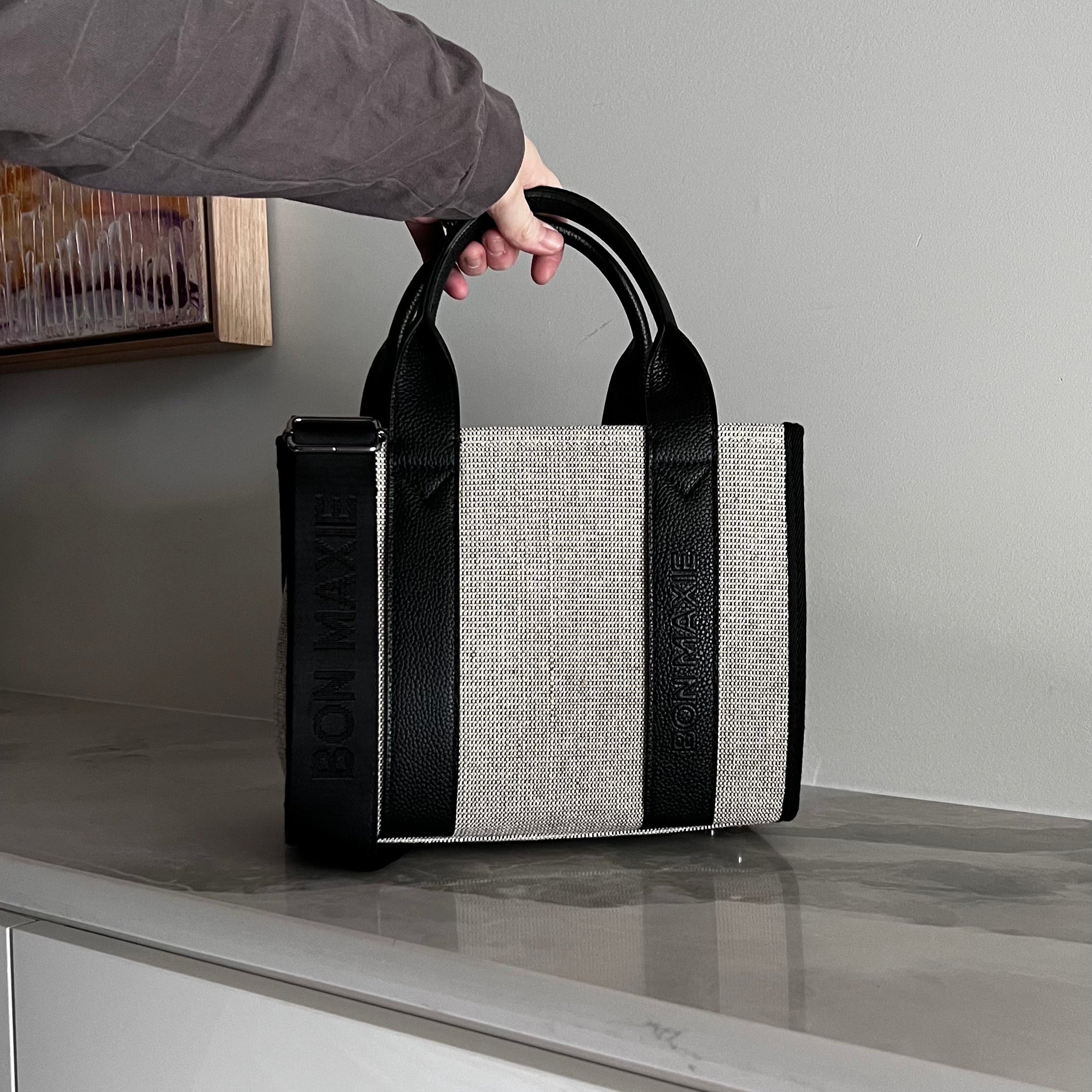 Stylish Micro Bon Vivant Structured Tote Bag - Premium Jute & Black Leather - Perfect for Work, Travel & Everyday Use