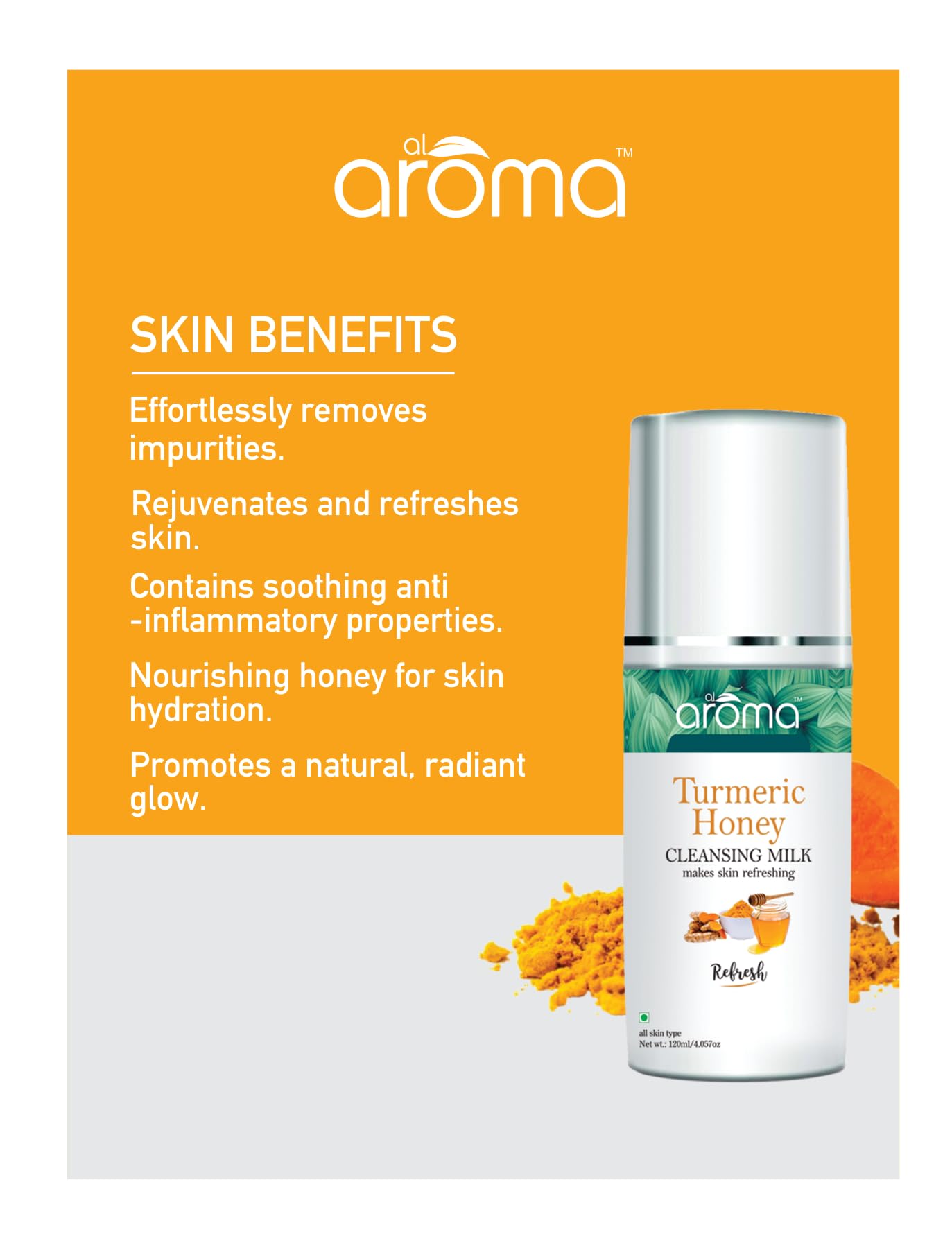 Alaroma Leafs Turmeric Honey Cleansing Milk with Vitamin E & Olive Oil - Gentle Face Wash for All Skin Types, 120ml - Hydrating & Refreshing Daily Skincare for Women & Men