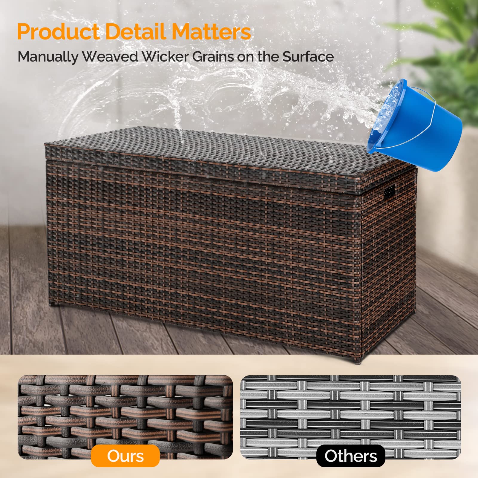 VINGLI 132 Gallon Outdoor Storage Box - Upgraded Rattan Deck Box with Wicker Design, Waterproof & Durable for Patio, Garden, Balcony, Poolside, Yard - Perfect for Storing Cushions, Toys, and Outdoor Gear (Brown)