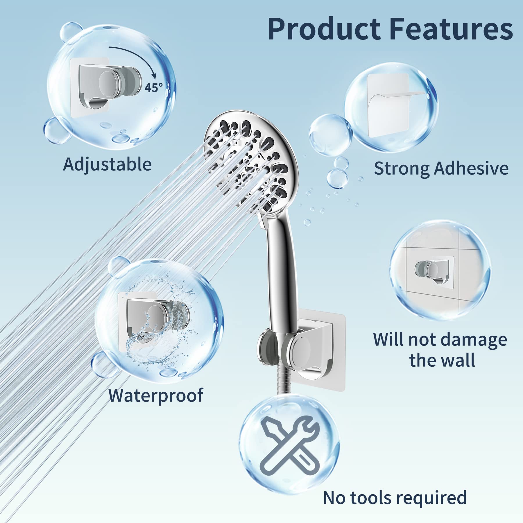 Hibbent Strong Adhesive Waterproof Handheld Shower Head Holder - No Drill Wall Mount Adjustable Shower Wand Bracket with Chrome Finish for Bathroom & RV Use