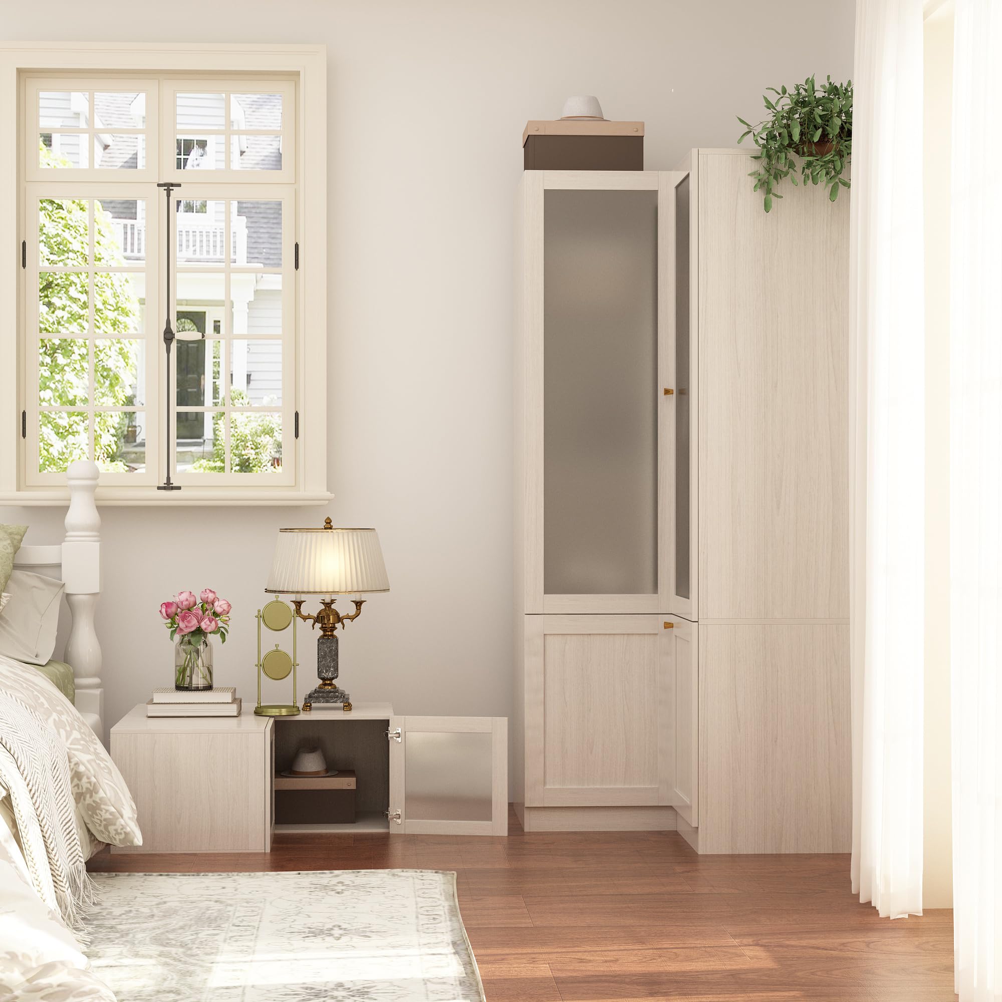Homsee L-Shaped Armoire Wardrobe Closet with Frosted Glass Doors - Wooden Storage Cabinet with Hanging Bar & Shelves, Top Cabinet for Bedroom Organization - Warm Grey (35.4”L x 35.4”W x 86.6”H) - Perfect for Master Bedroom, Guest Room & Walk-In Closet Storage Solutions
