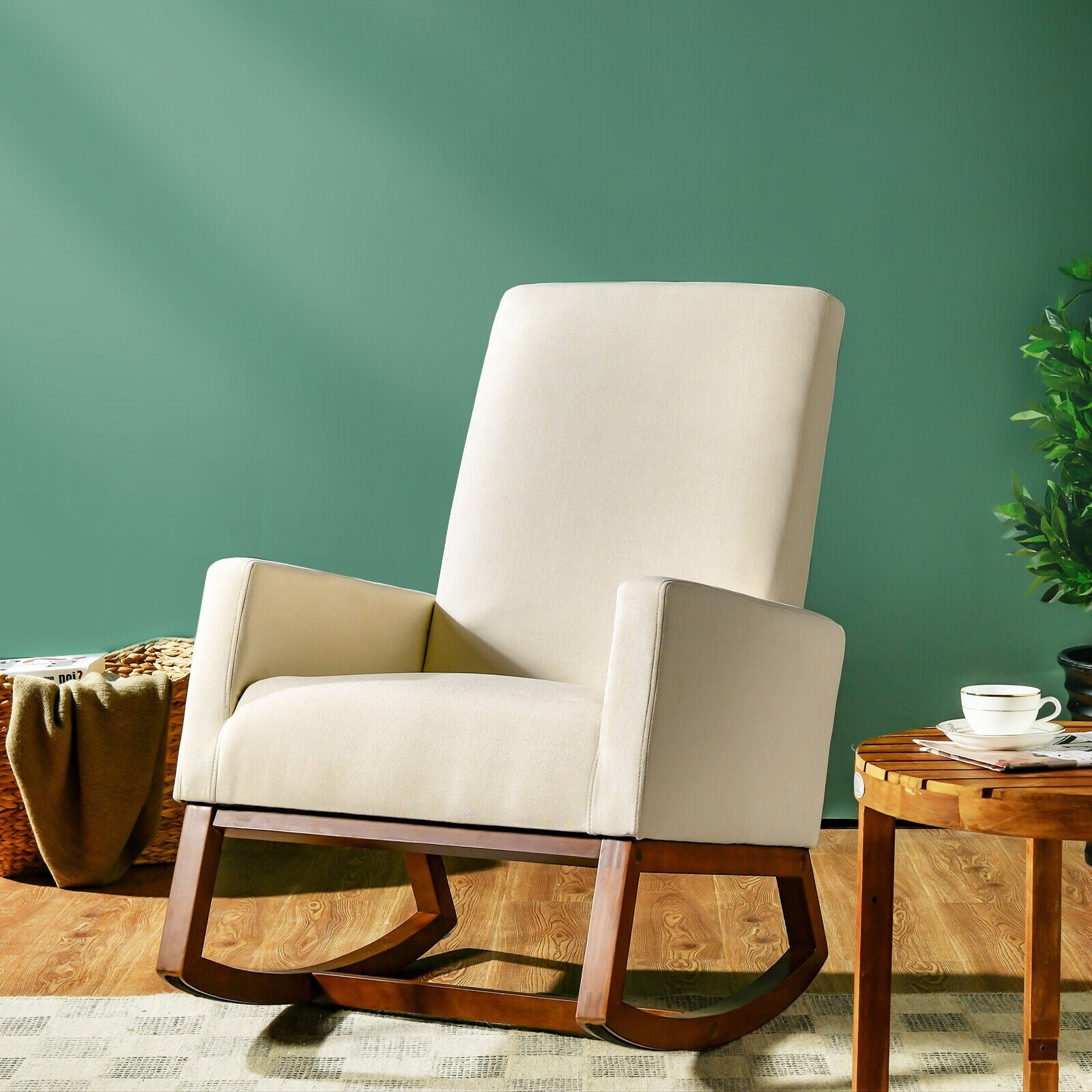 Comfortable High Back Upholstered Rocking Lounge Chair with Side Pocket - Beige Fabric Armchair for Living Room, Nursery, or Office Relaxation