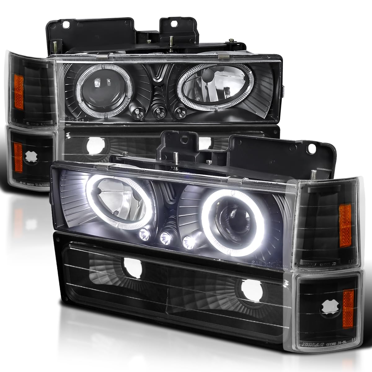 Spec-D Tuning Black LED Halo Projector Headlights with Bumper & Corner Lights - Compatible with 1994-1998 GMC C/K C10, Sierra, Yukon, Suburban - Left & Right Pair Headlamp Assembly - Upgrade Your Truck's Style & Night Visibility for Off-Roading & Urban Driving