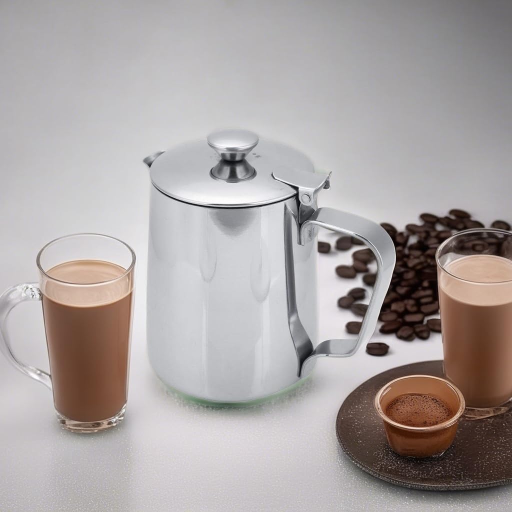 Stainless Steel Milk Frother Cup with Lid - 350mL Handheld Milk Steamer for Espresso, Cappuccino & Latte Art - Perfect for Home, Office & Kitchen Use