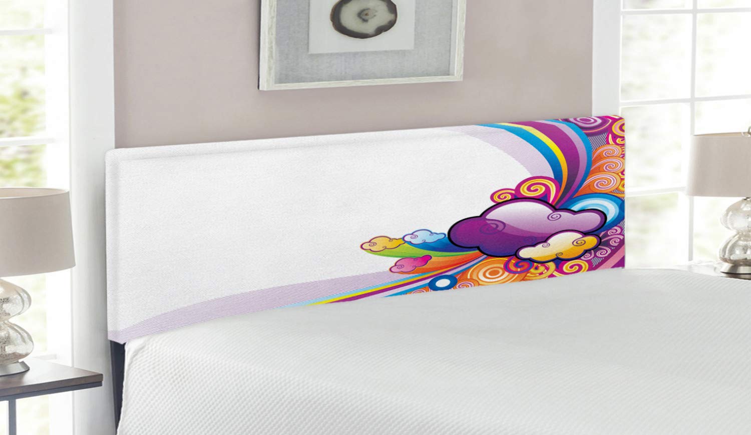 Ambesonne Cartoon Headboard with Rainbows, Clouds & Suns Print - Upholstered Decorative Metal Bed Headboard with Memory Foam, Queen Size, Multicolor - Perfect for Kids' Bedrooms & Playful Home Decor