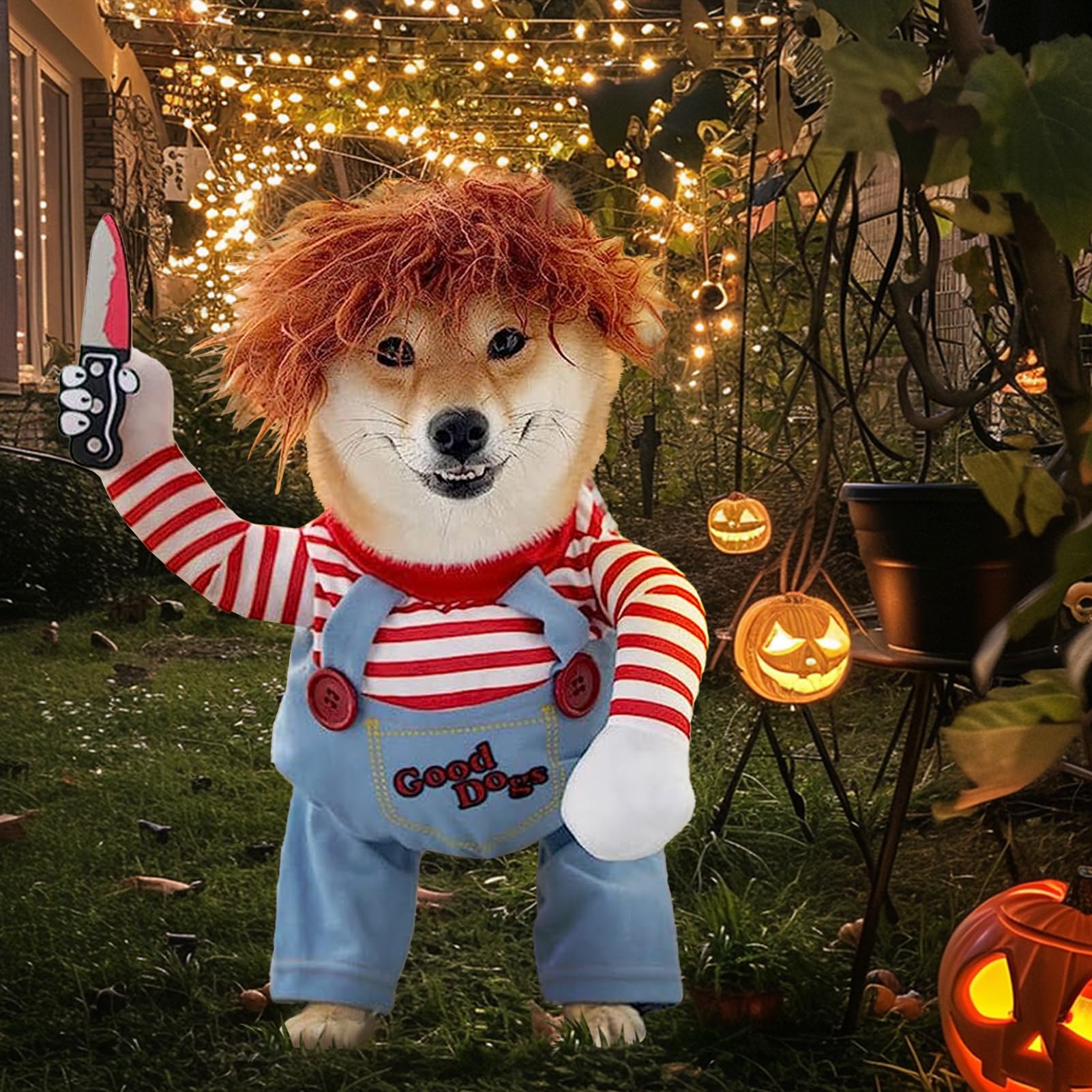 Chucky Dog Halloween Costume with Knife - Scary Pet Costume for Small Dogs (XS) | Funny Halloween Outfit for Pets, Perfect for Halloween Parties & Trick or Treat