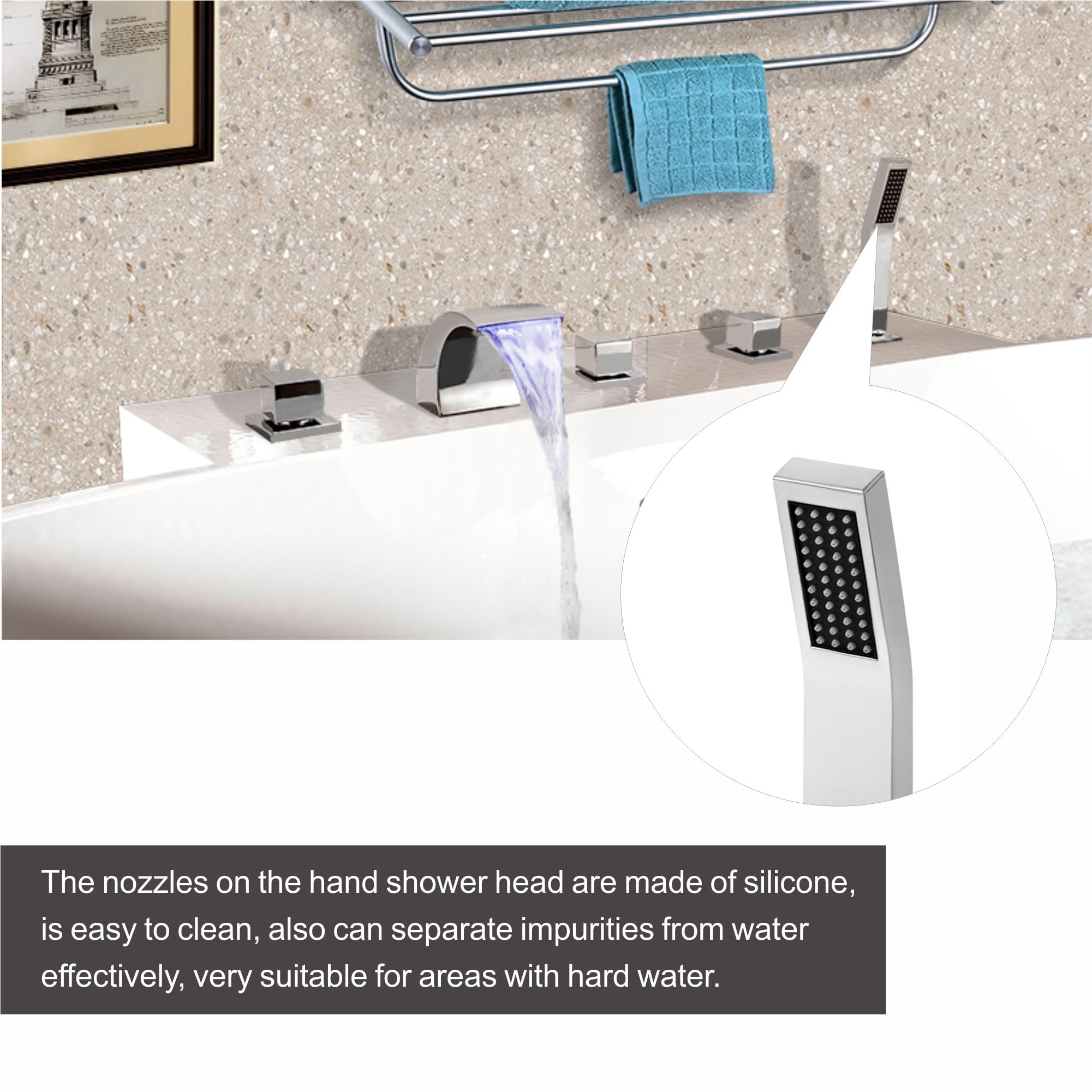 SKOWLL Waterfall Bathtub Faucet - Deck Mount Tub Filler with Handheld Shower Sprayer, Polished Chrome 5-Hole Set & LED Spout for Modern Bathroom - Perfect for Spa-Like Relaxation and Luxurious Bathing Experience