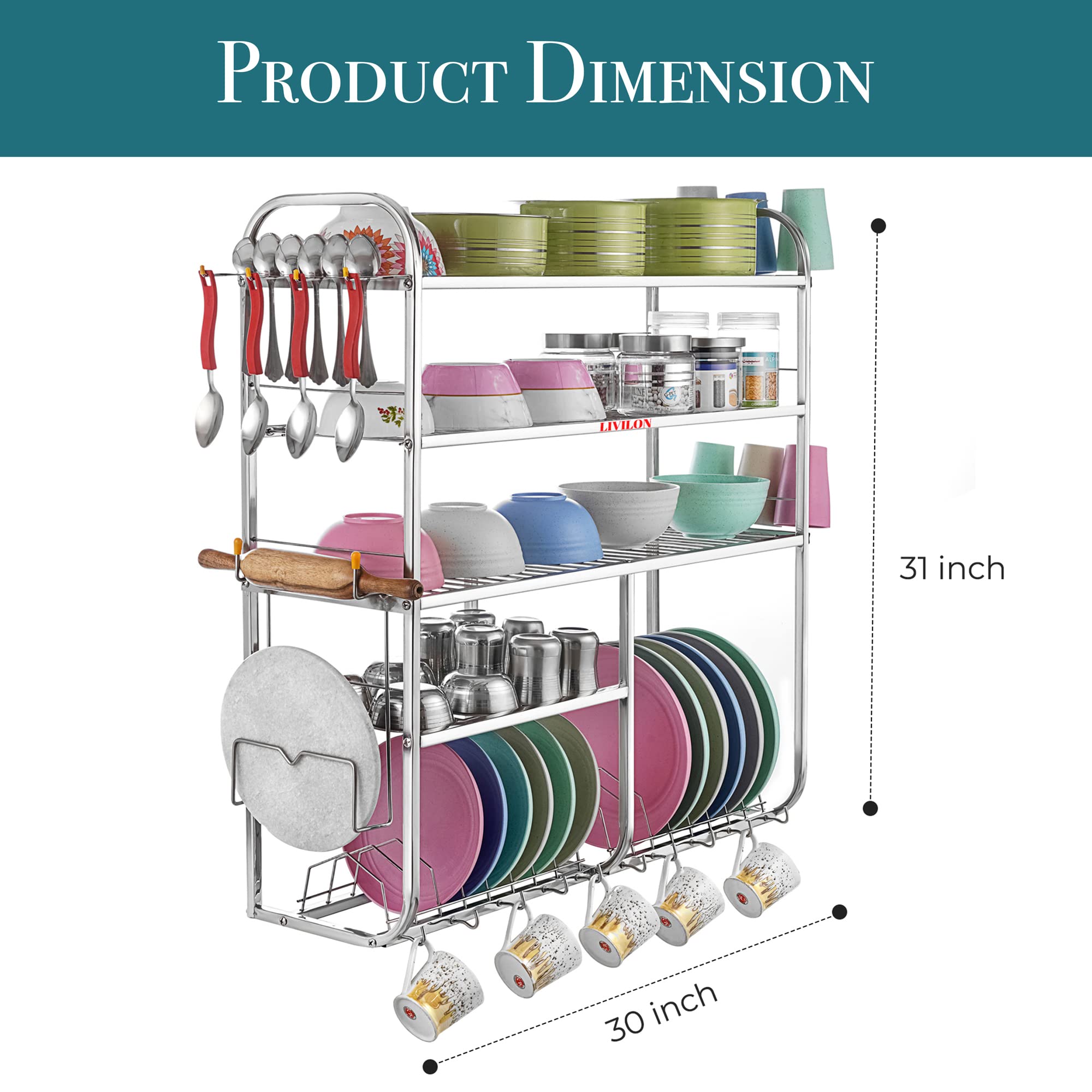 Stainless Steel Wall Mount Kitchen Utensil Rack - 5 Shelf Dish Organizer for Spoons, Plates & Cutlery (31x30x10 Inches) - Space Saving Kitchen Storage Solution for Small Apartments & Organized Cooking Spaces