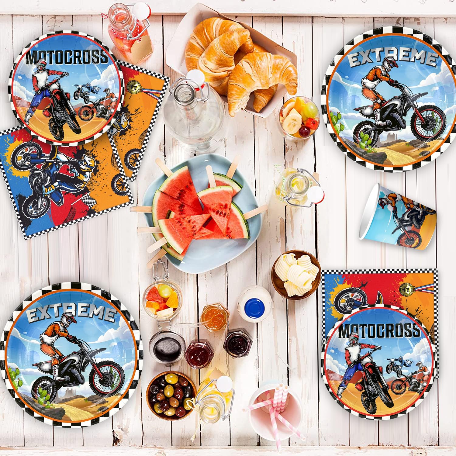 Motorcycle Party Supplies Set for 10 Guests - Plates, Cups, Balloons for Motocross Theme Birthday Decorations