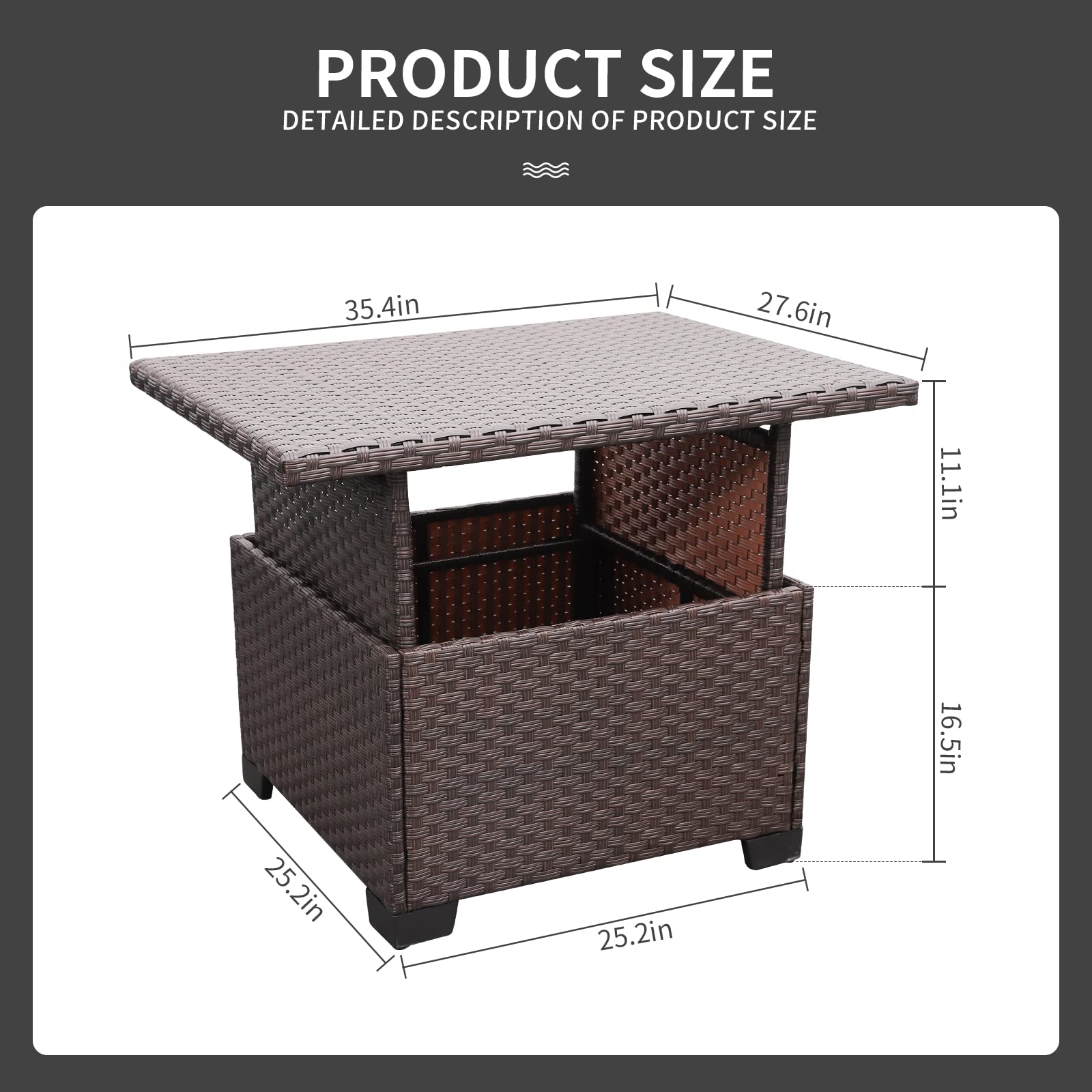 Outdoor PE Wicker Liftable Coffee Table - Patio Rattan Garden Furniture with Multi-Functional Storage | Weather-Resistant Dark Brown Tea Table for Backyard, Poolside & Balcony Decor