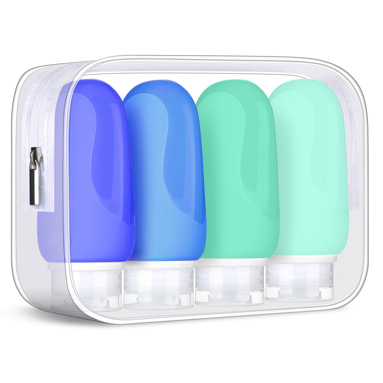 Morfone 4-Pack TSA Approved Travel Bottles Set - BPA Free Leak Proof Silicone Squeeze Containers for Shampoo, Conditioner & Lotion (Blue) | Perfect for Air Travel, Gym & Vacation Toiletries Organization