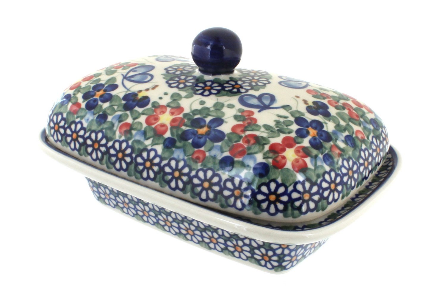 Blue Rose Polish Pottery Butterfly Butter Tub - Handmade Ceramic Garden Decor for Outdoor & Indoor Use - Perfect for Patio, Kitchen, or Gift Giving