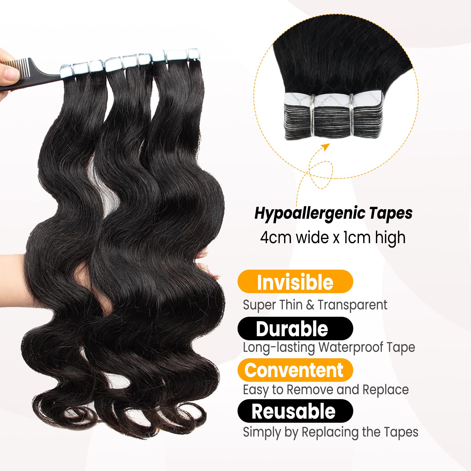 18 Inch Body Wave Tape in Hair Extensions - 100% Real Human Hair, Natural Black, Double Sided Skin Weft - 20pcs 50g for Black Women - Perfect for Daily Styling, Special Occasions & Volume Boost