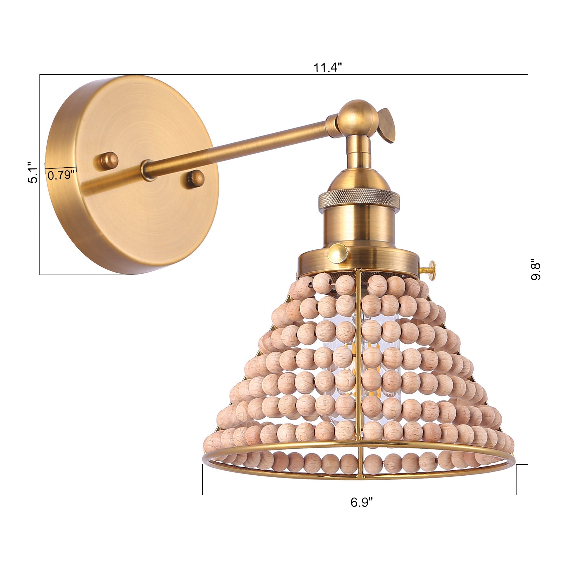 Modern Golden Wall Sconce Light with Wooden Beads - Elegant Single Bulb Fixture for Bedroom, Living Room, or Hallway Decor