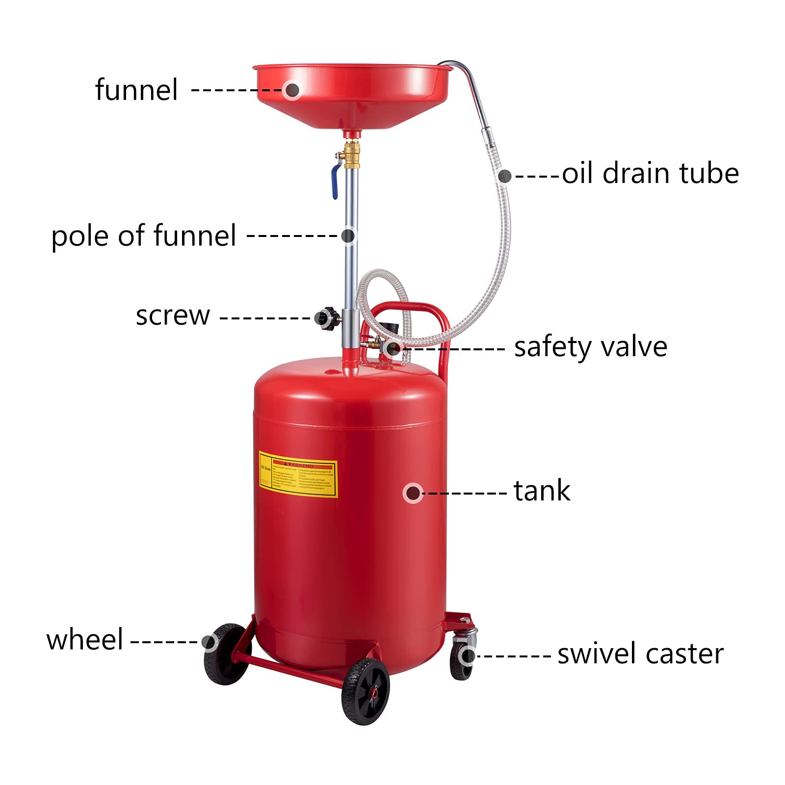 VEVOR 20-Gallon Portable Waste Oil Drain Tank - Air Operated Oil Drainer with Adjustable Funnel & Wheels for Auto Repair Shops, Garages - Ideal for Fluid Fuel Transfer, Oil Changes & Drainage in Professional Workshops