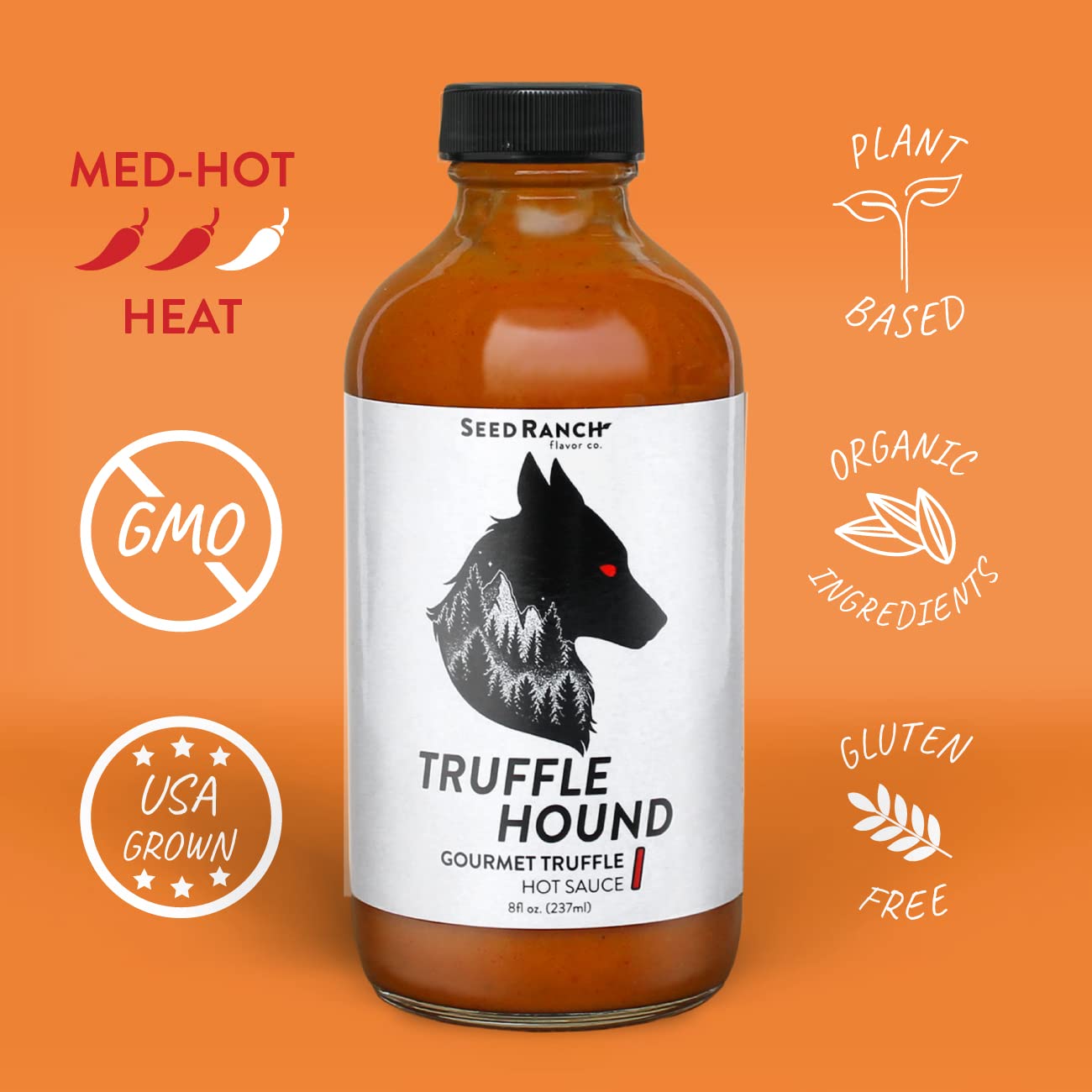 Seed Ranch Gourmet Truffle Hound Hot Sauce - 2 Pack Medium Heat Spicy Sauce with Chile de Arbol, Ghost Pepper & Garlic | Vegan, Non-GMO | Perfect for Pasta, Pizza, Wings & Sriracha Lovers | Bold Truffle Flavor for Cooking & Grilling
