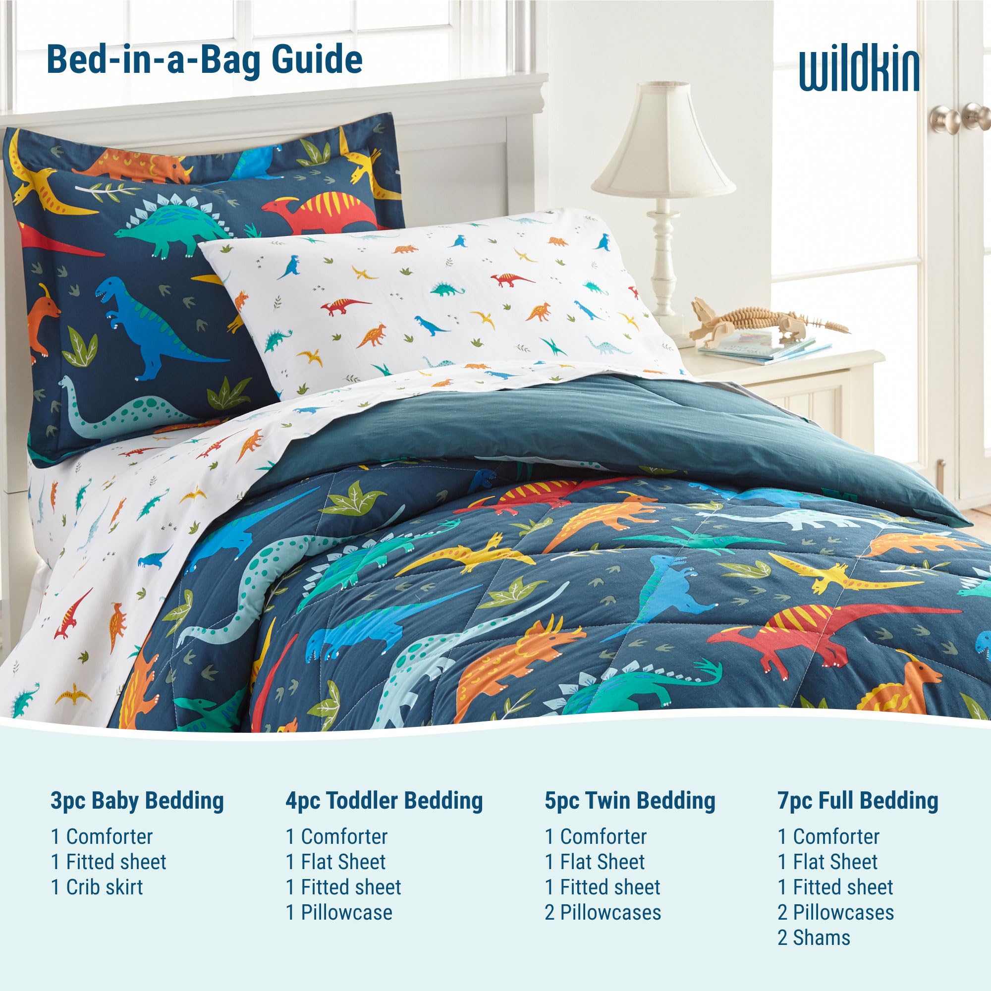 Wildkin 7-Piece Full Bedding Set - 100% Cotton Comforter, Sheets & Pillowcases - Jurassic Dinosaur Print - Soft & Breathable for Kids & Adults - Perfect for Bedrooms, Dorms & Sleepovers