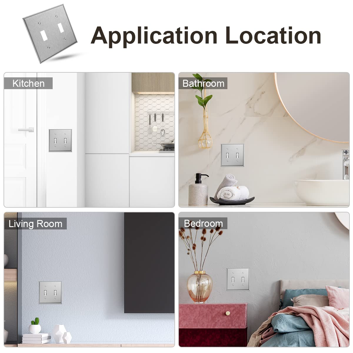 Stainless Steel Double Light Switch Cover - 2 Gang Metal Wall Plate Toggle Switch Plate Covers (4-Pack) - Perfect for Home, Office & Commercial Electrical Upgrades