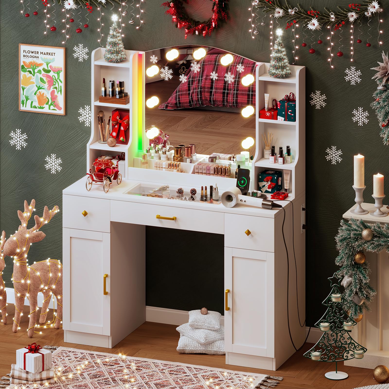 White Makeup Vanity Desk with LED Lights & Mirror - Large Dressing Table with Charging Station, Glass Top & 2 Storage Cabinets - Perfect for Bedroom, Salon & Home Beauty Setup