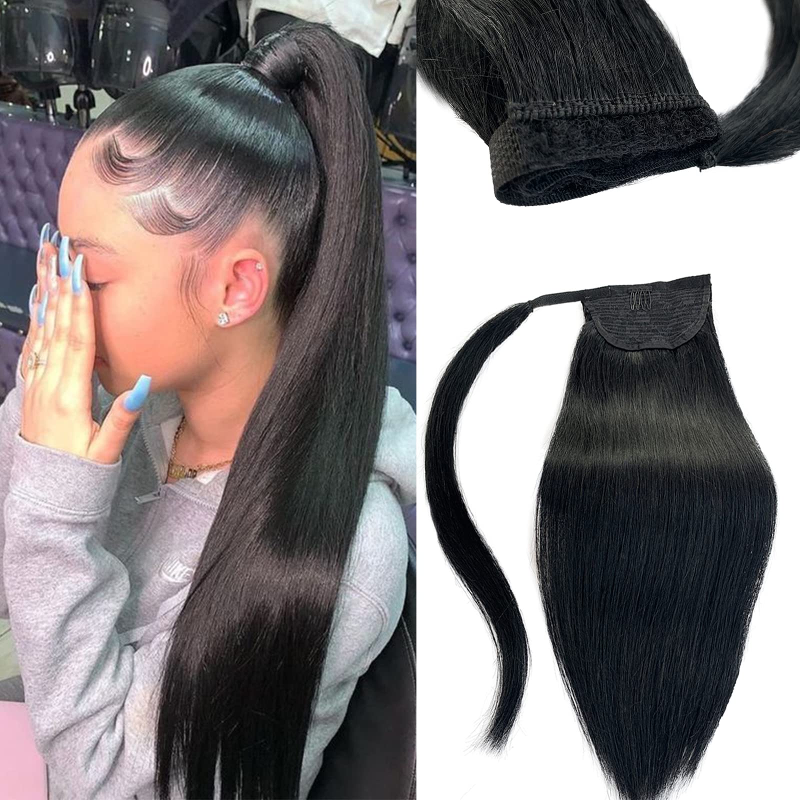 Licoville 18 Inch Clip-in Ponytail Hair Extensions - 80g Silky Straight Virgin Human Hair for Black Women | Jet Black Wrap Around Ponytail | Perfect for Parties, Weddings & Everyday Styling