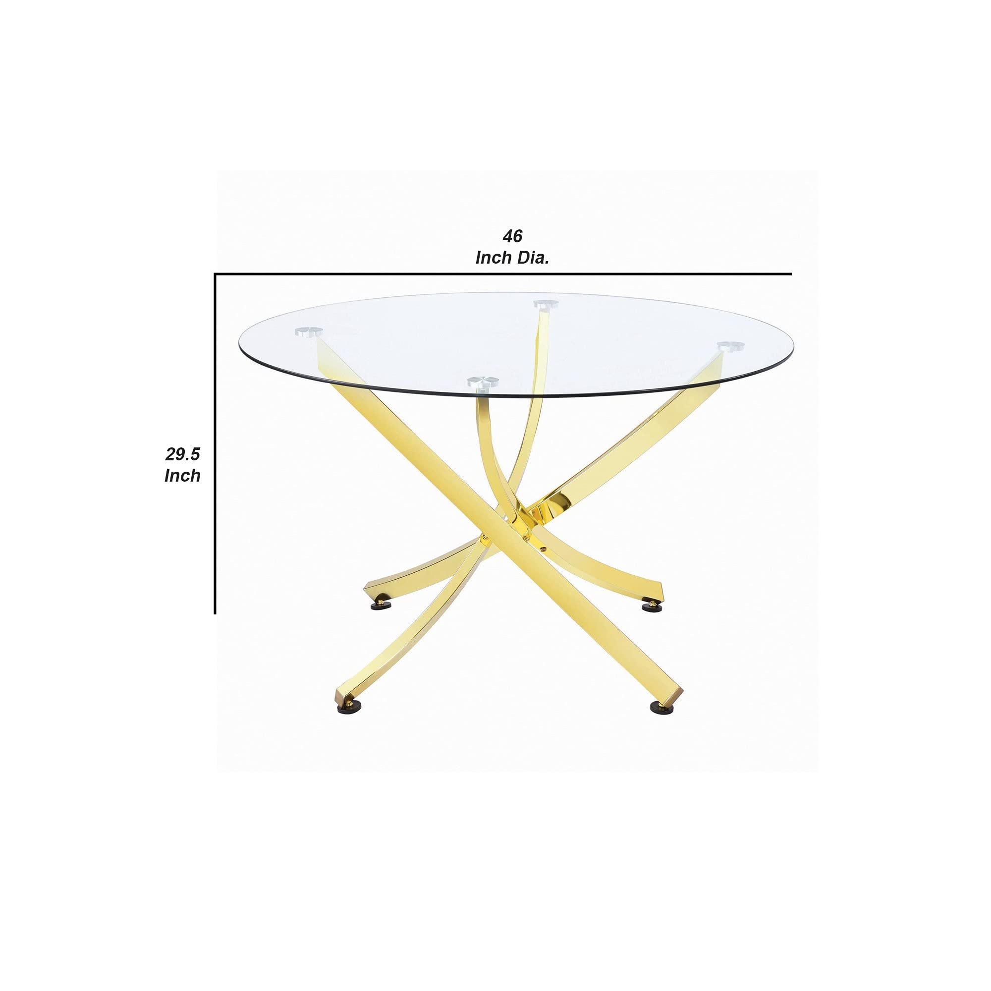 Benjara Modern Dining Table with Tempered Glass Top & Curved Gold Metal Base - Perfect for Small Spaces, Apartments & Contemporary Dining Rooms