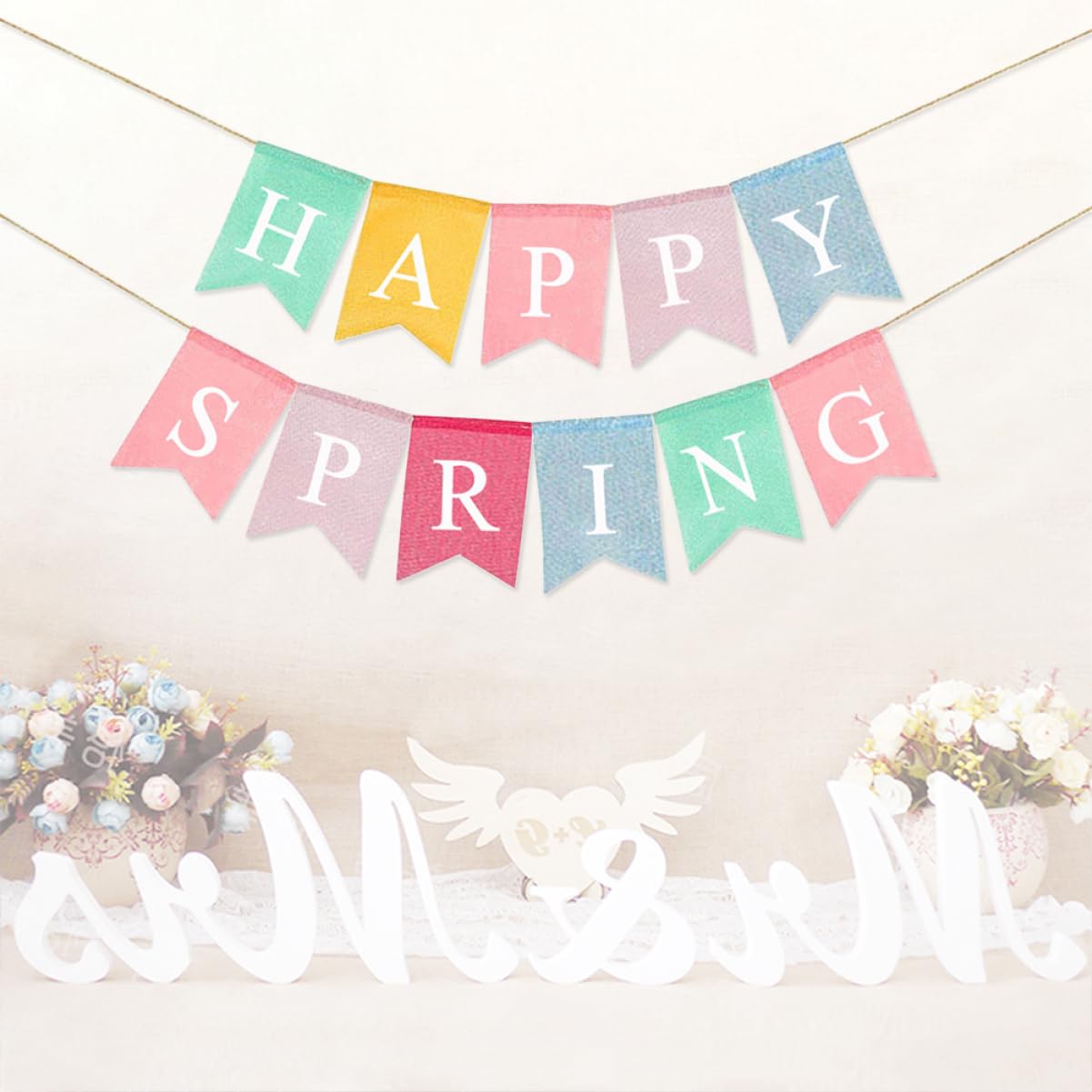 Happy Spring Burlap Pull Flag Banner - European & American Style Rustic Decor for Easter, Garden Party, and Seasonal Home Decoration
