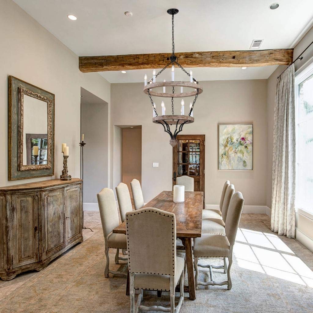 Joselyn Grand 15-Light French Country Cottage Rustic Chandelier - Two-Tiered Wood Frame Ceiling Lamp (25.6 Inch Wide) - Perfect for Farmhouse Dining Room, Rustic Kitchen, or Bedroom Lighting