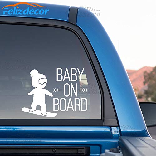 White & Black Baby on Board Car Decal - Cool Snowboard Boy Vinyl Sticker for Car Windows - Safe & Durable L717 - Perfect for Family Vehicles, SUVs & Minivans