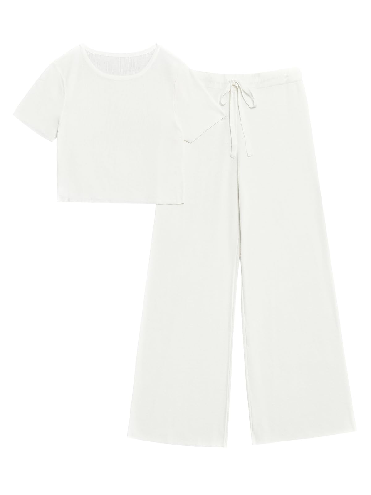 Fisoew Women's 2 Piece Outfit Set - Soft Knit Short Sleeve Crop Top & High Waisted Lounge Pants | Casual Loungewear, Streetwear & Home Comfort Outfits for Women