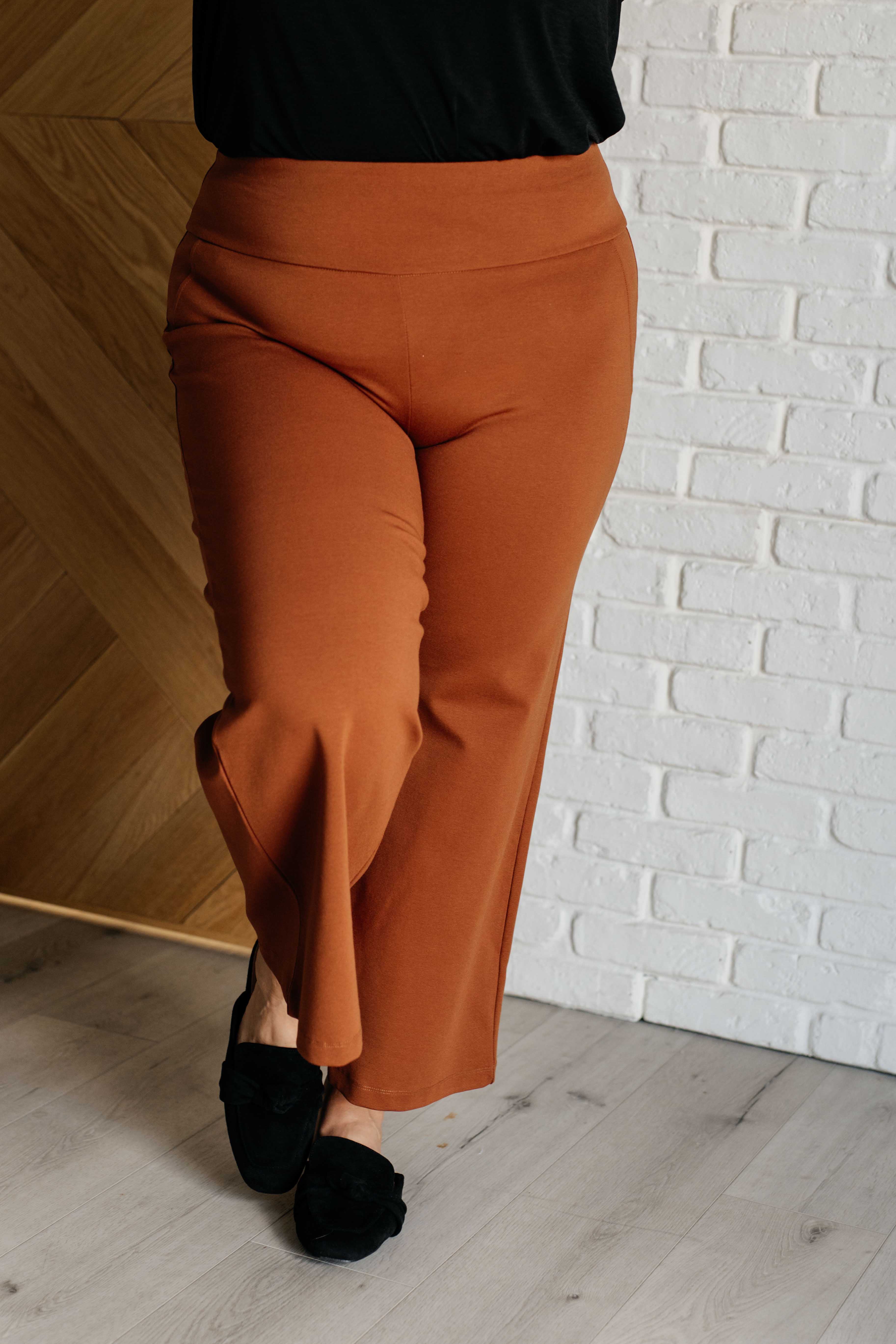 Stylish Rust-Colored Magic Wide Leg Crop Pants for Women - Comfortable High Waist Palazzo Trousers for Casual Outfits, Office Wear & Summer Vacations