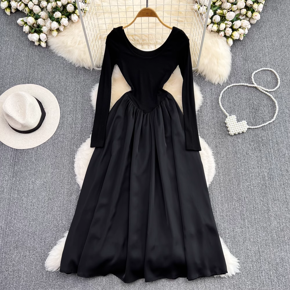 Elegant French Square Neck Long Sleeve A-Line Skirt - Women's Vintage Style Maxi Dress for Wedding, Party & Formal Occasions