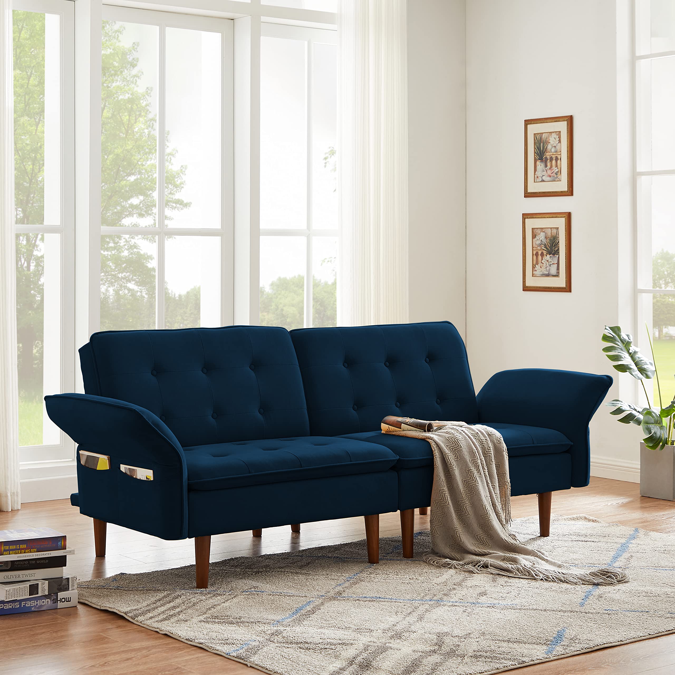 Lazyspace Convertible Futon Sofa Bed with Side Pockets & Solid Rubber Wood Legs - Adjustable Sleeper Sofa, Multifunctional Loveseat for Small Spaces - Navy Blue - Perfect for Guest Rooms, Apartments & Home Offices