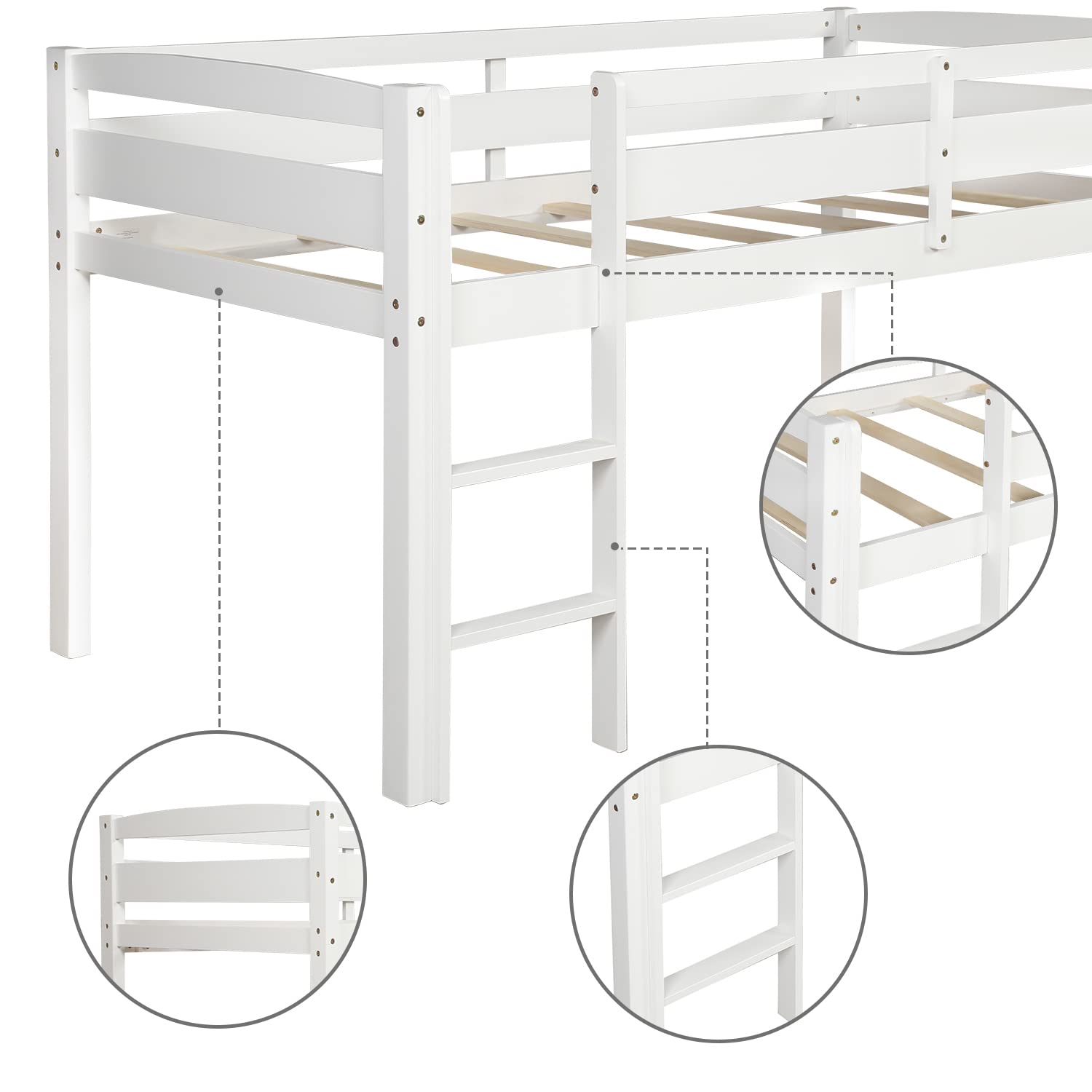 Harper & Bright Designs Low Loft Bed Twin Wooden Bed Frame with Ladder - Sturdy White Kids Bed for Boys & Girls - Perfect for Small Bedrooms, Dorm Rooms & Space-Saving Kids Furniture
