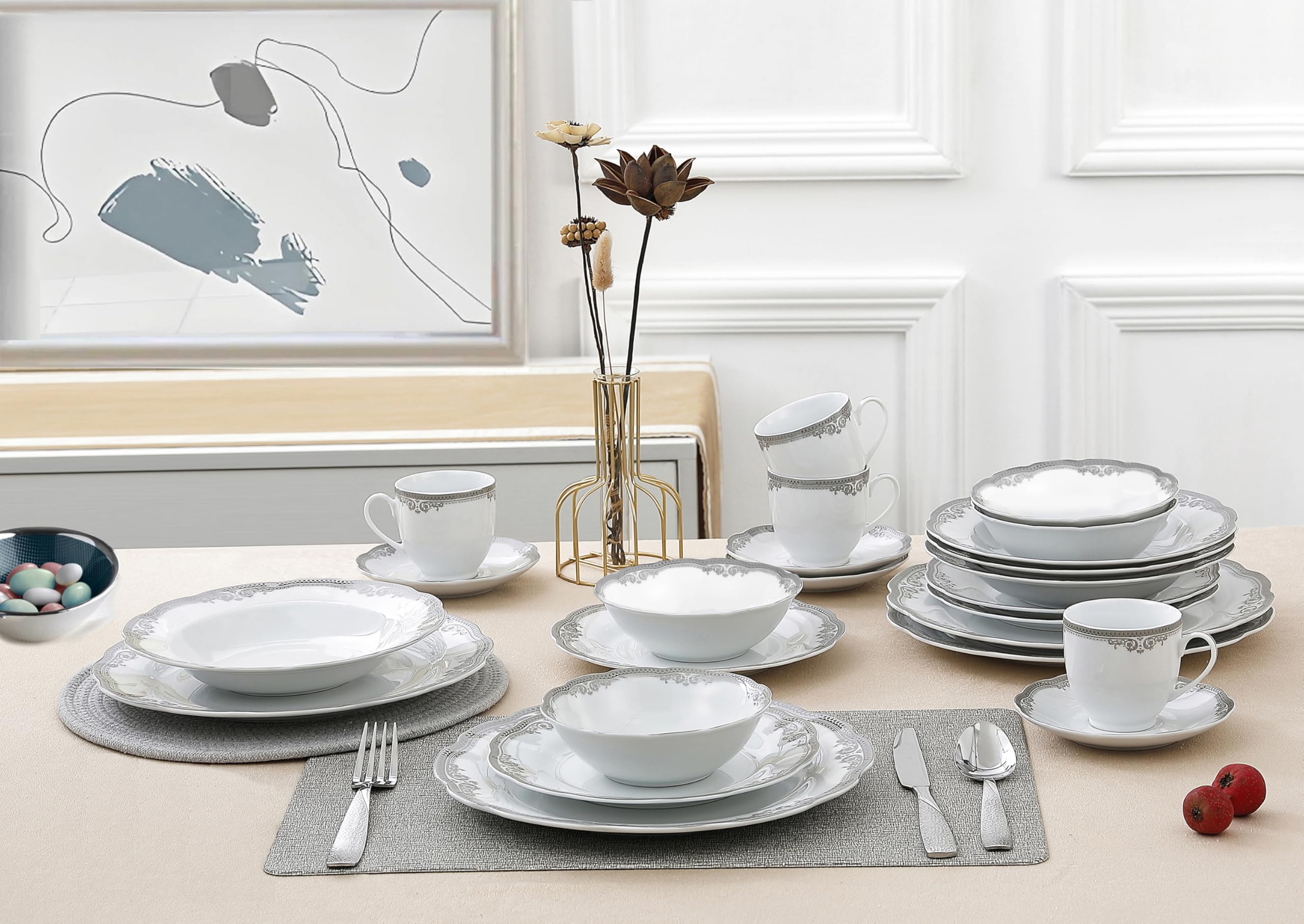 Lorren Home Trends 24-Piece Elizabeth Design Porcelain Dinnerware Set with Wavy Edge - White Elegant Tableware for Fine Dining, Dinner Parties & Home Decor