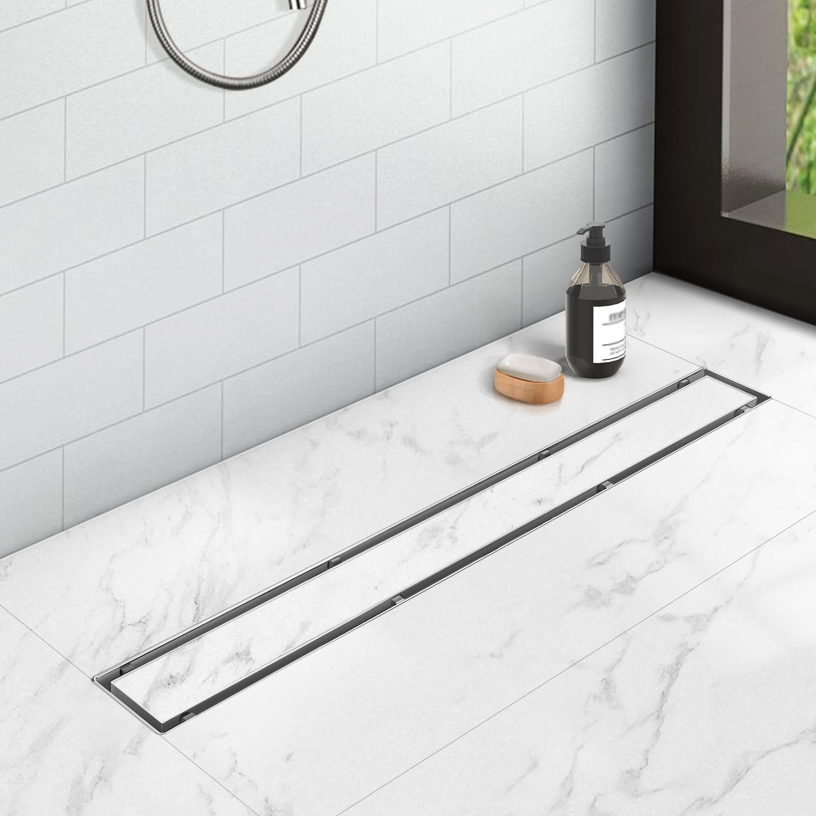 YEFU 60-Inch Stainless Steel Linear Shower Drain - Nickel Finish Bathroom Floor Drain with Adjustable Feet & Hair Strainer - 2-in-1 Tile Insert Grate for Seamless Shower Installation - Perfect for Modern Bathroom Renovations and Wet Room Designs