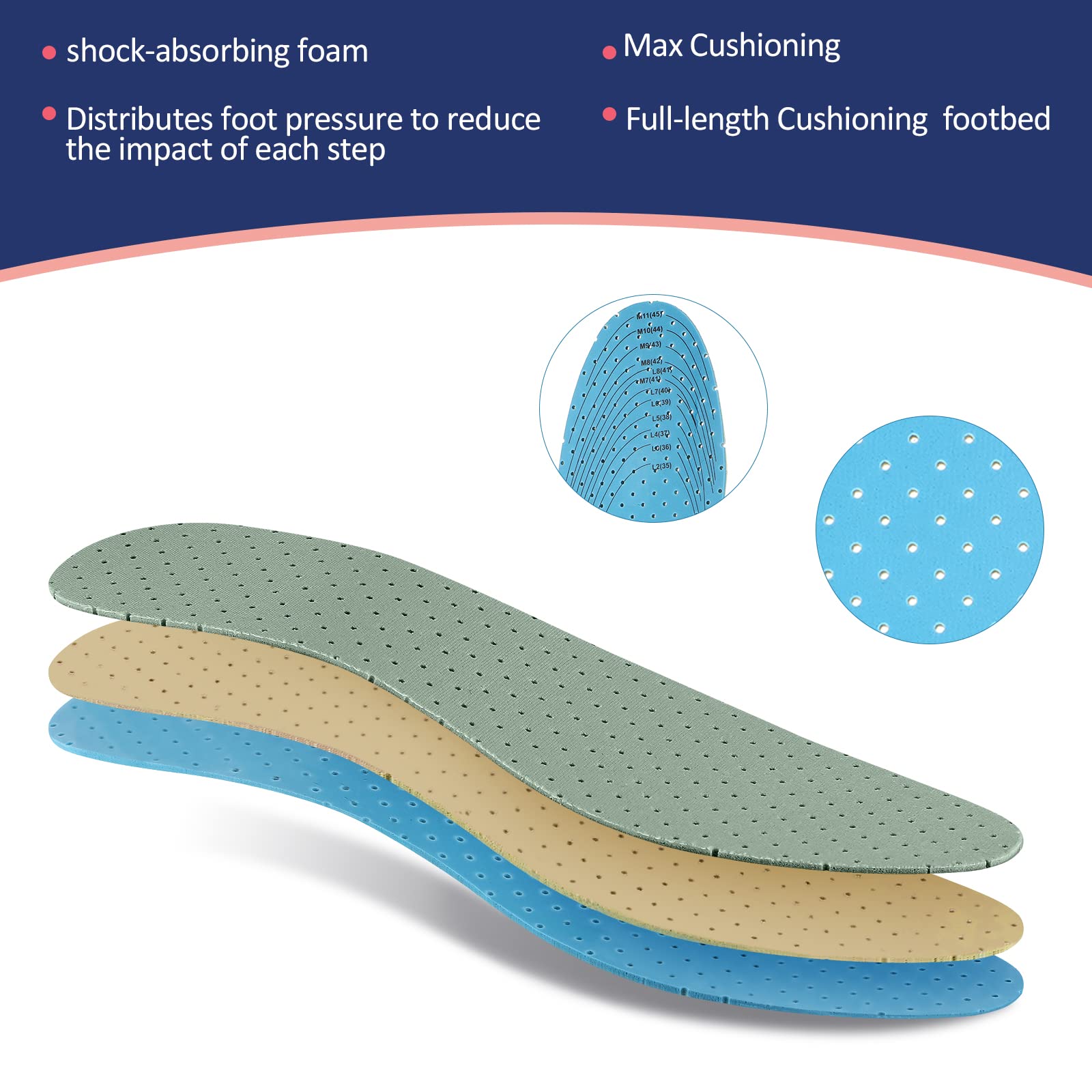 Sintege 3 Pairs Breathable Shoe Insoles for Men & Women - Ultra Soft Cushioning Double Layer Latex Foam Inserts - Comfortable Walking & Running Support (Men 7-11, Women 2-8) - Perfect for Work, Sports & Daily Wear