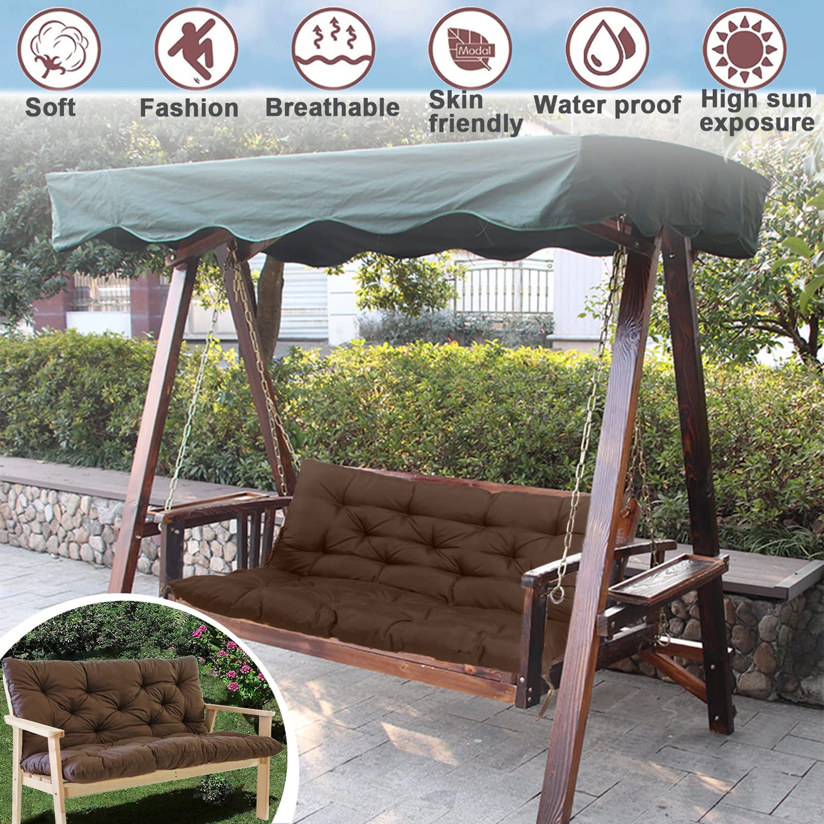 **60 Inch Waterproof Outdoor Bench Cushion with Backrest – Thickened Patio Swing Cushion for 3-Seater Porch Furniture (Brown, 40x60 Inch) – Perfect for Garden, Deck, and Backyard Relaxation**