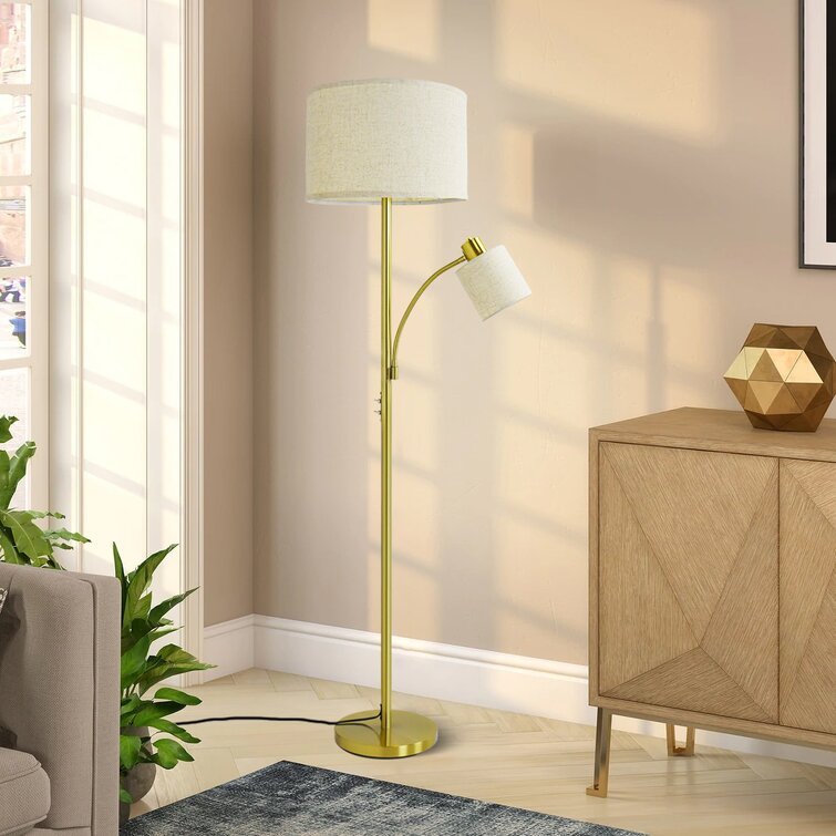 Rustic Modern Tall Pole Floor Lamp with 2 Adjustable Heads - Mother and Child Design, Fabric Drum Shade, 3000K Warm White Eye-Caring Light (Bulb Included) for Living Room, Bedroom, Study Room | Perfect for Reading, Working & Creating Cozy Atmosphere