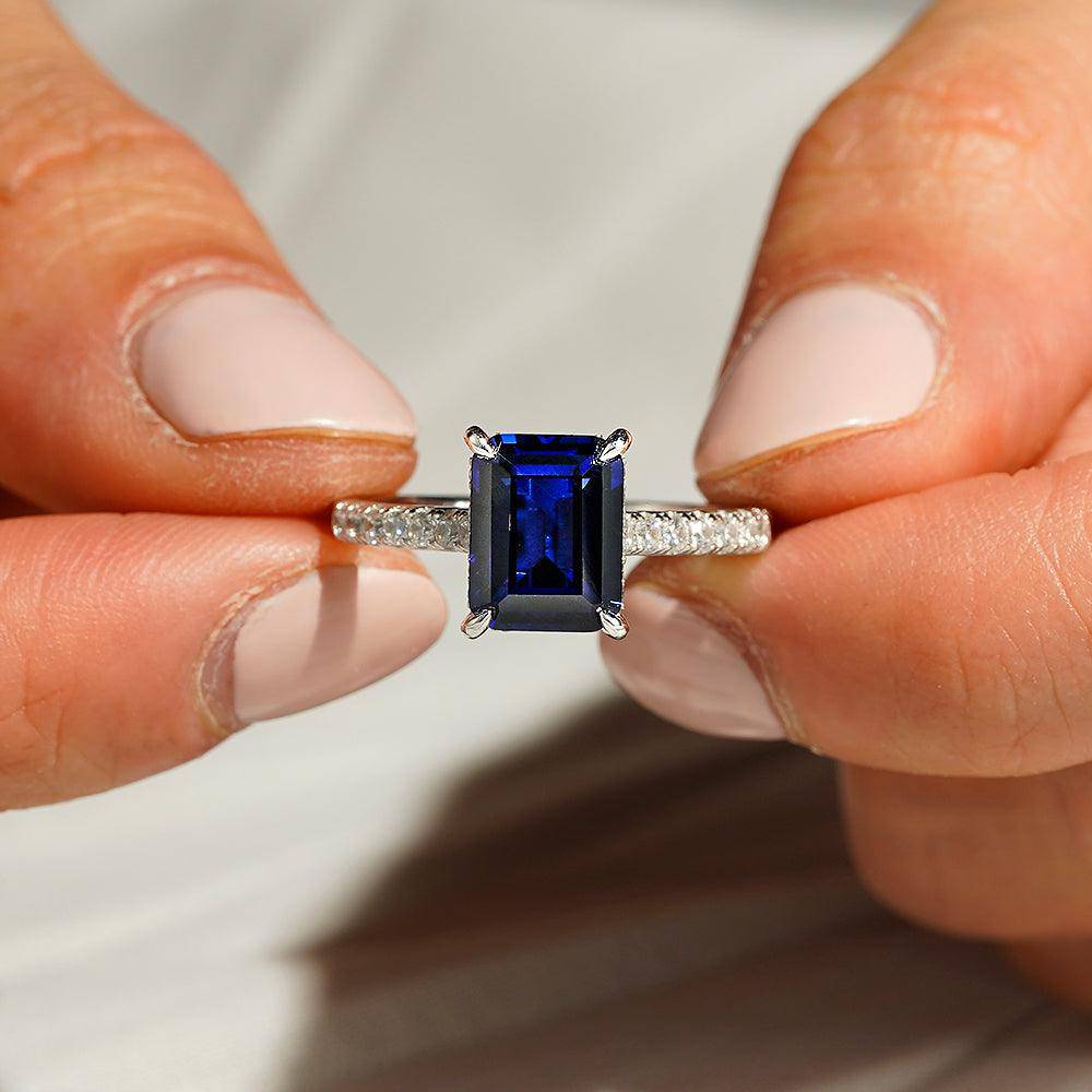 3 CT. Lab-Grown Sapphire Engagement Ring with Side Stones & Hidden Halo - Perfect for Proposals, Anniversaries & Bridal Jewelry