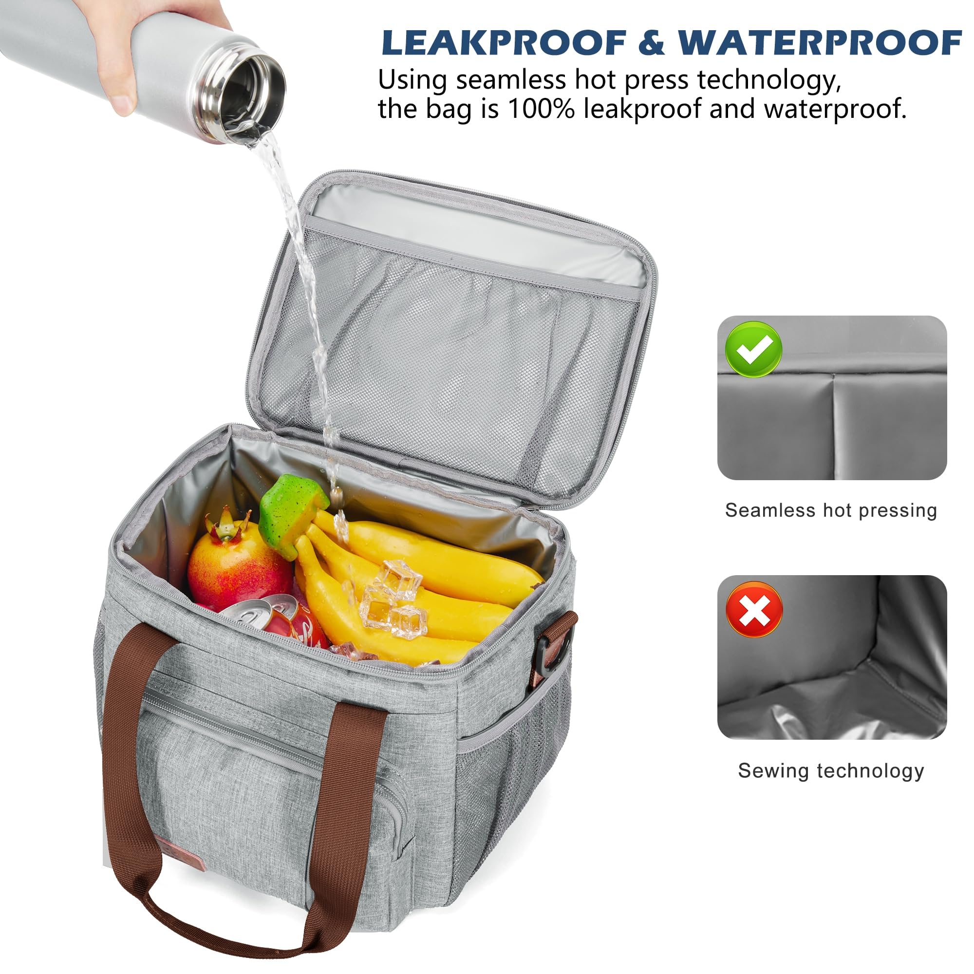 MIYCOO Insulated Lunch Bags for Women & Men - Large 12L Leakproof Soft Cooler Tote Bag (Grey) - Perfect for Work, School, Picnics & Outdoor Activities