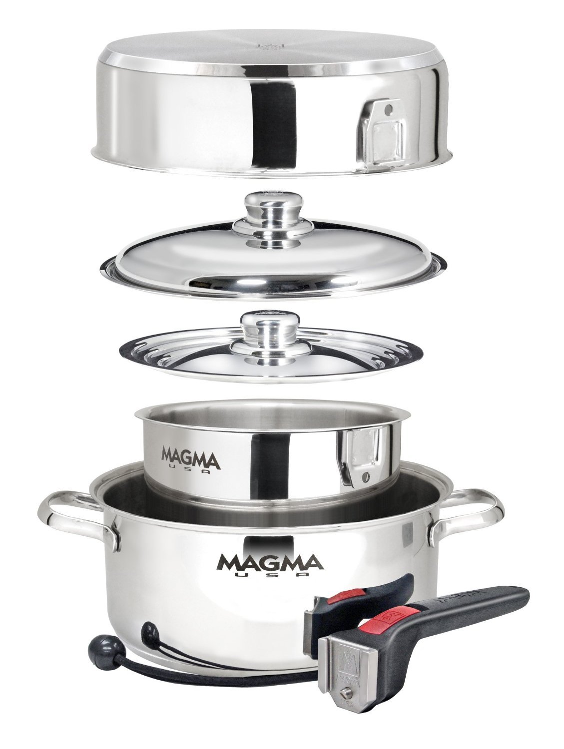 Premium 7-Piece Stainless Steel Cookware Set by Magma - Induction Compatible, Oven Safe to 500°F for All Stovetops - Nesting Pots & Pans with Removable Black Handles - Perfect for RV, Camping, Small Kitchens & Space-Saving Storage