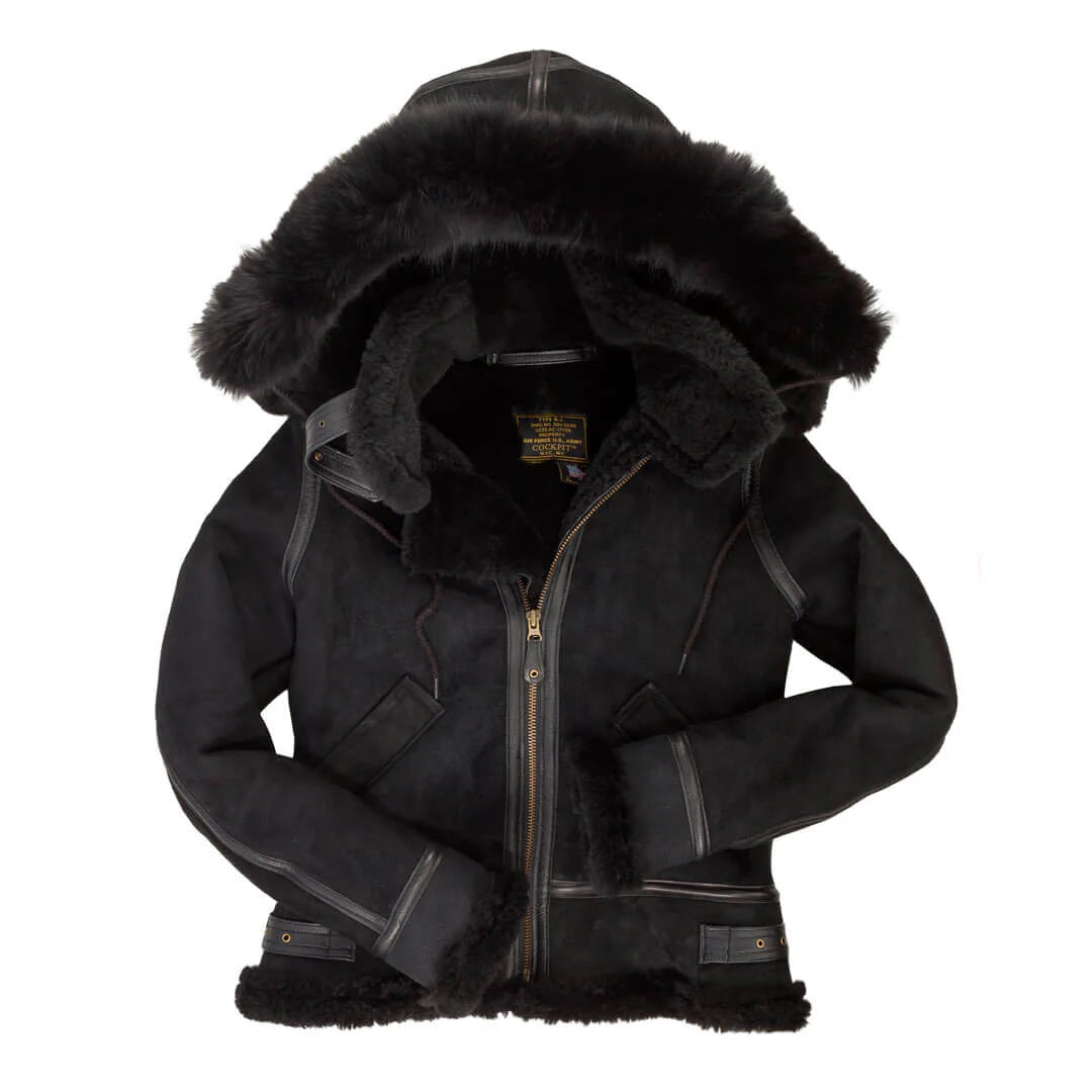 Cockpit USA Women's Hooded B-3 Bomber Jacket - Genuine Shearling Leather Aviator Jacket, Black, Winter Warm Coat for Outdoor Activities & Aviation Enthusiasts