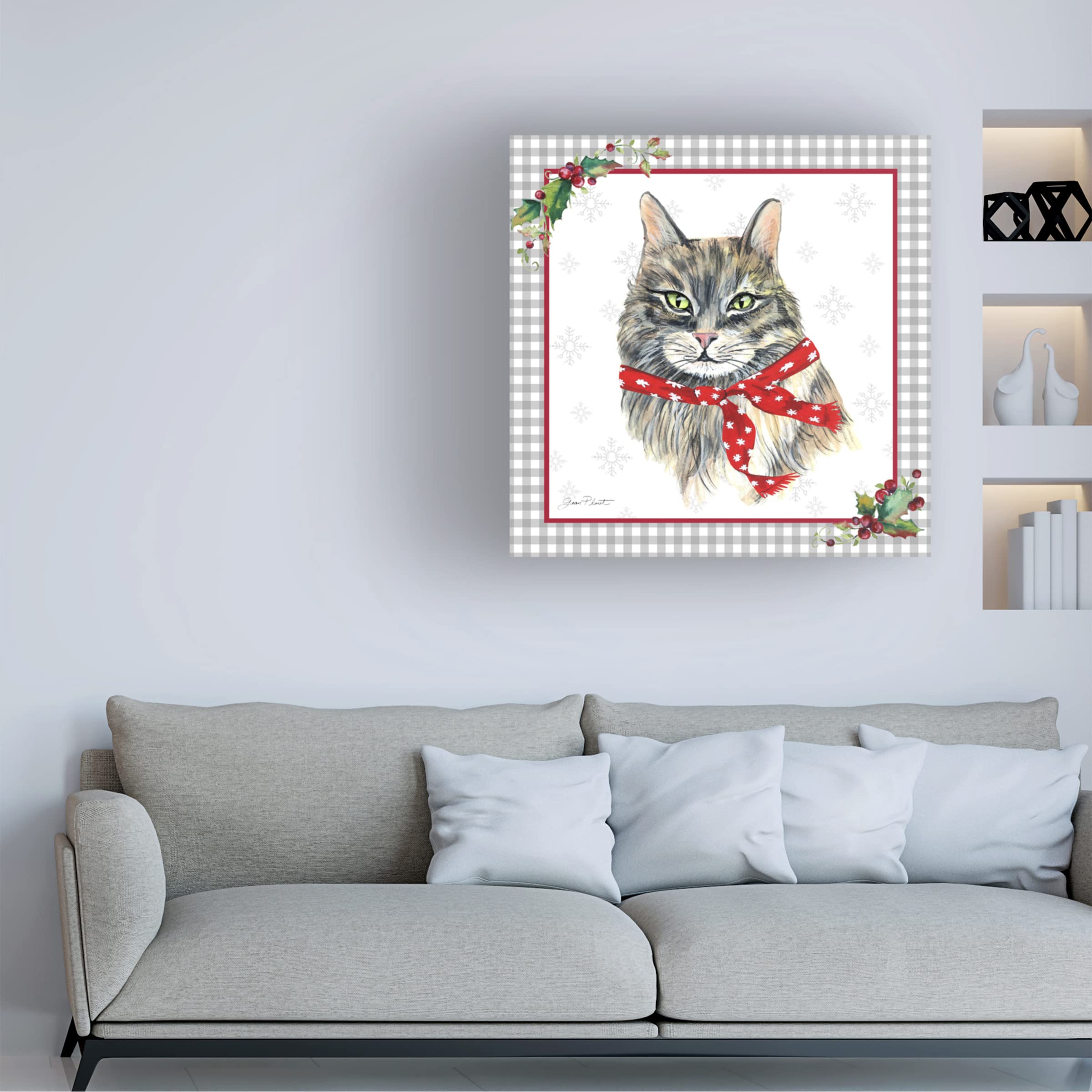 Trademark Fine Art 'Plaid Christmas with Cat F' by Jean Plout - 35x35 Inch Canvas Wall Art - Holiday Home Decor for Living Room, Bedroom & Office