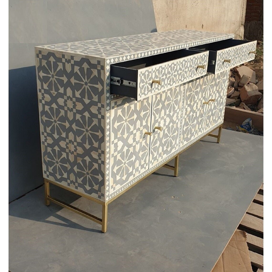 Handmade Bone Inlay Gray and White Sideboard Buffet Table - Vintage Boho Chic Storage Cabinet for Dining Room, Living Room & Entryway