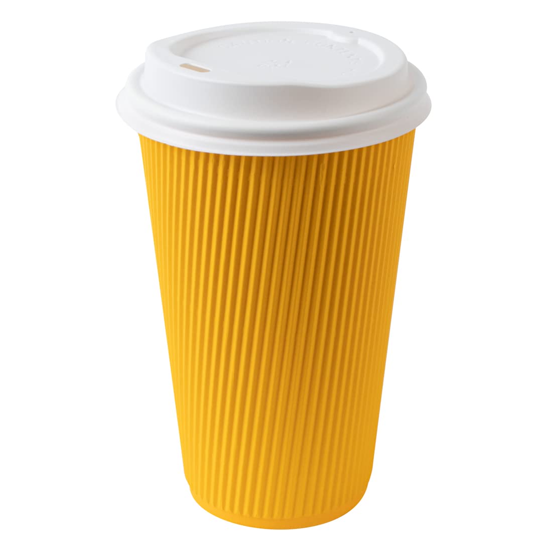 16oz Insulated Coffee Cups with Lids - 200 Pack Leakproof Disposable Hot Drink Cups for Tea, Hot Chocolate & Lattes | Durable Ripple Wall Design, Non-Slip Yellow Paper Cups for Restaurants, Cafes & Office Break Rooms