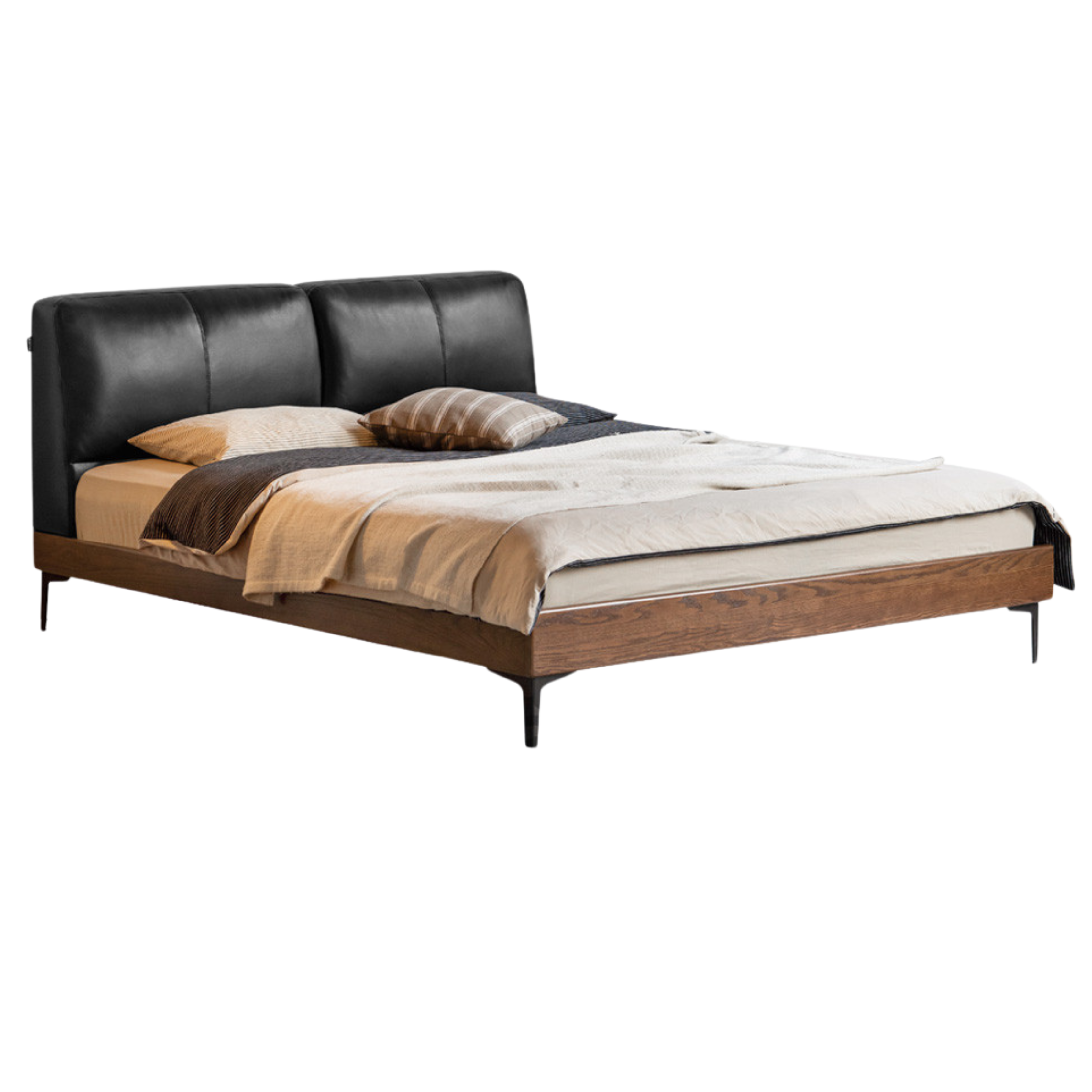 Luxury Oak Solid Wood Bed with Soft Leather Upholstery - Elegant Master Bedroom Furniture for Modern Home Decor